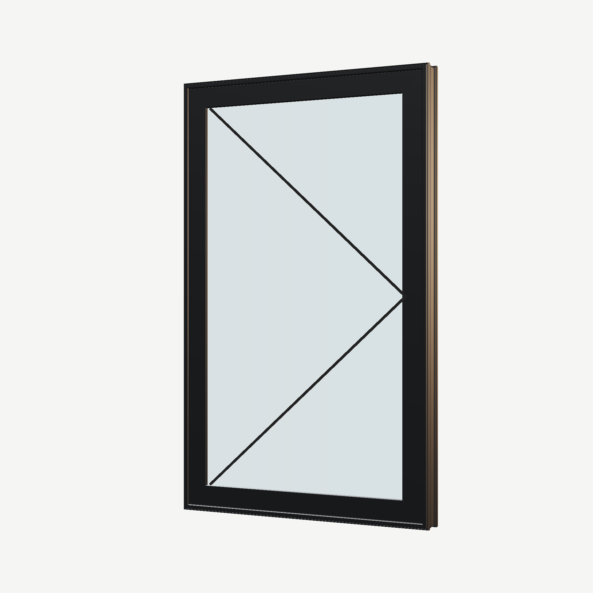 Angled exterior view with opening symbols of the 32 × 52 inch casement, black exterior / black interior, without nailing flange