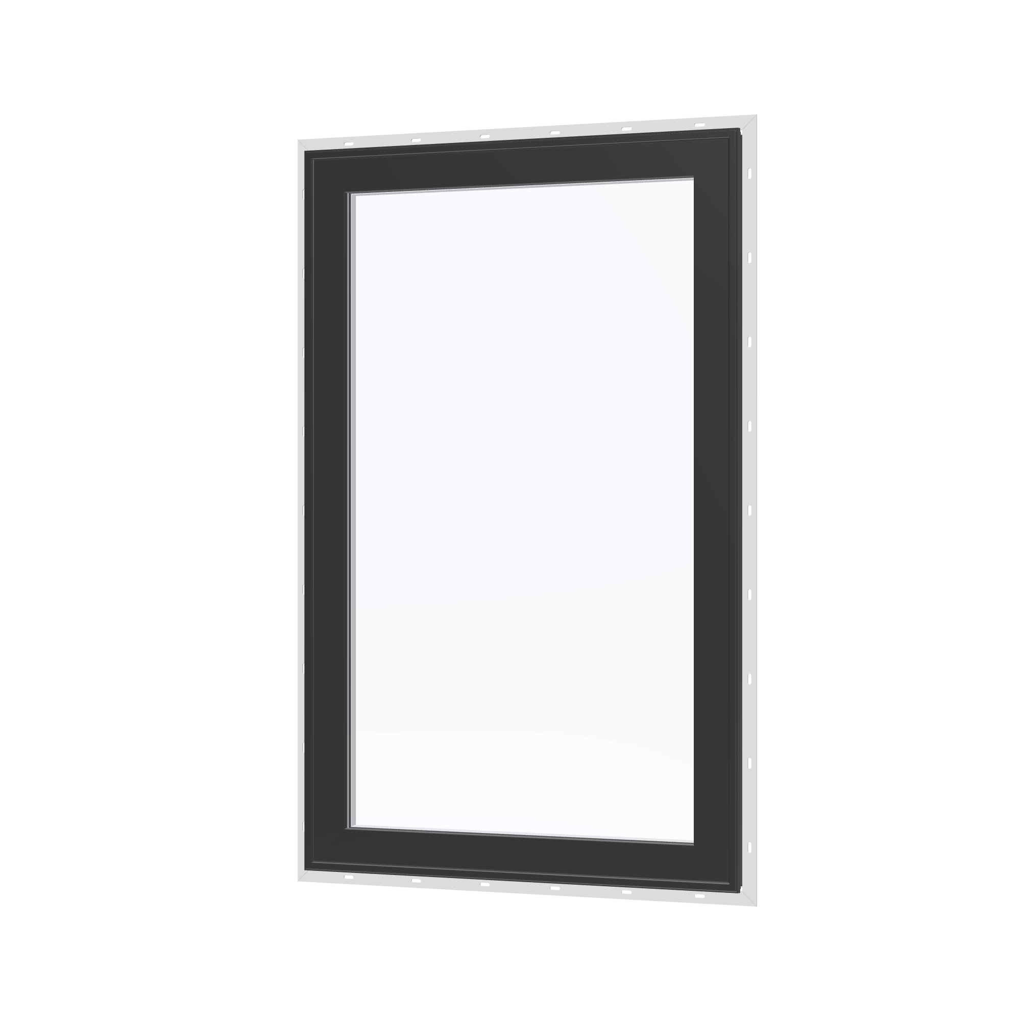 Angled exterior view of the 32 × 52 inch casement, black exterior / white interior, with nailing flange