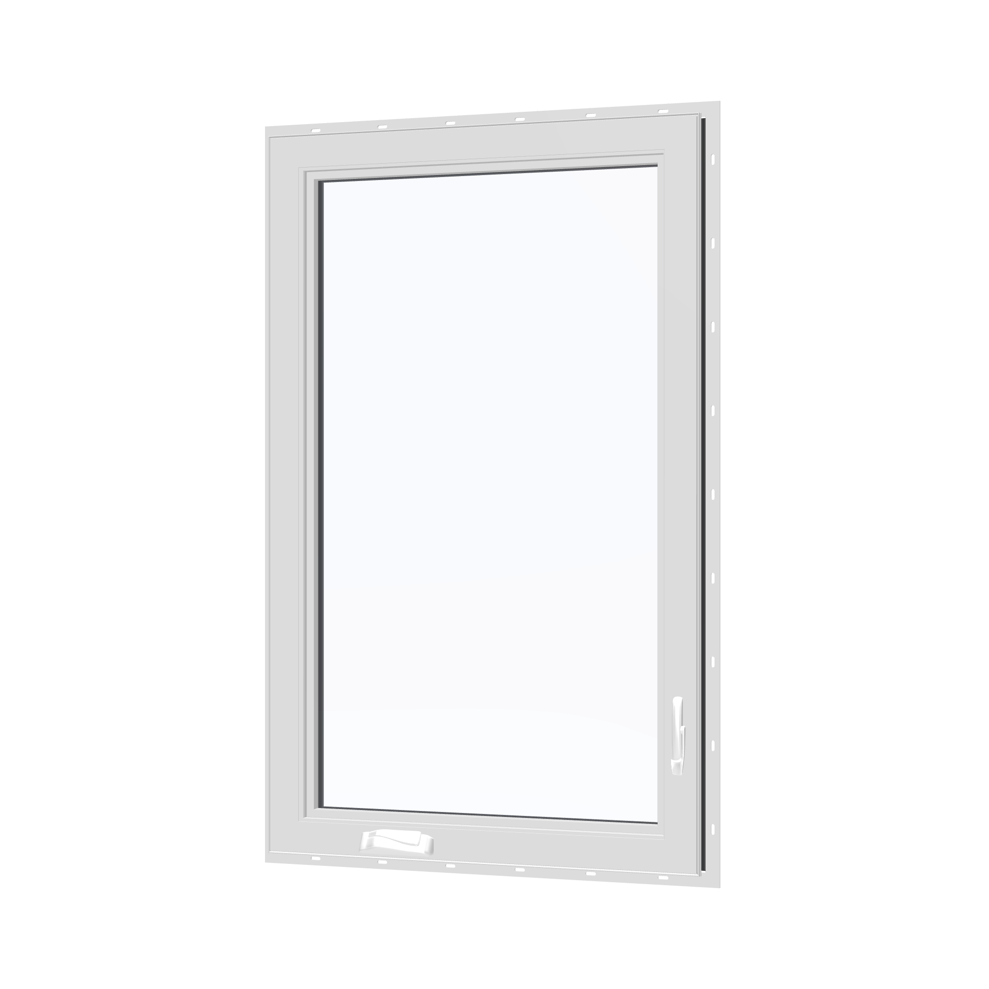 Angled interior view of the 32 × 52 inch casement, black exterior / white interior, with nailing flange