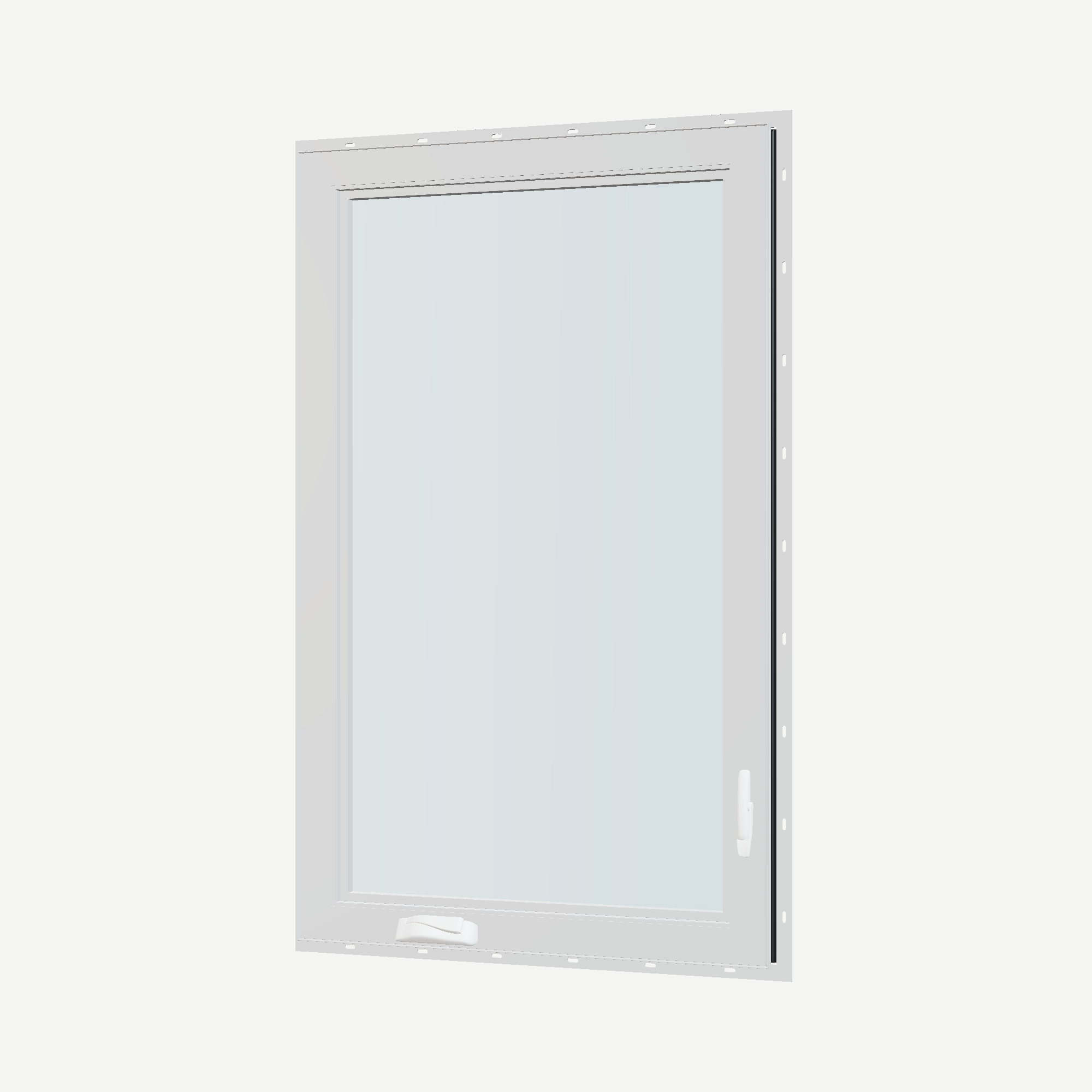 Angled interior view of the 32 × 52 inch casement, black exterior / white interior, with nailing flange