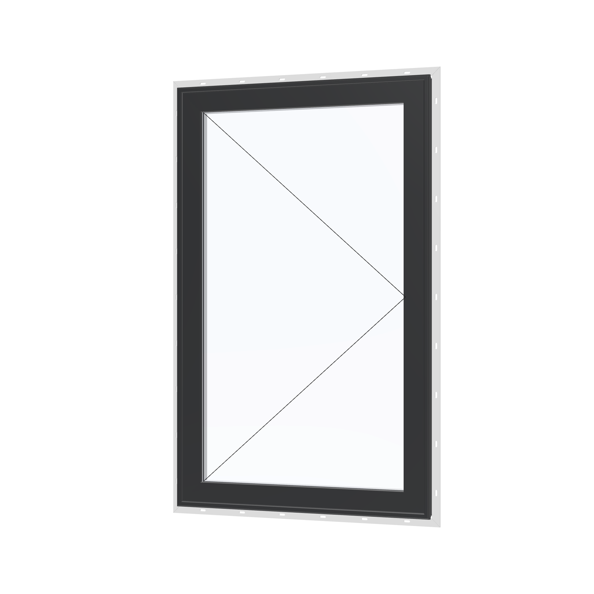 Angled exterior view with opening symbols of the 32 × 52 inch casement, black exterior / white interior, with nailing flange