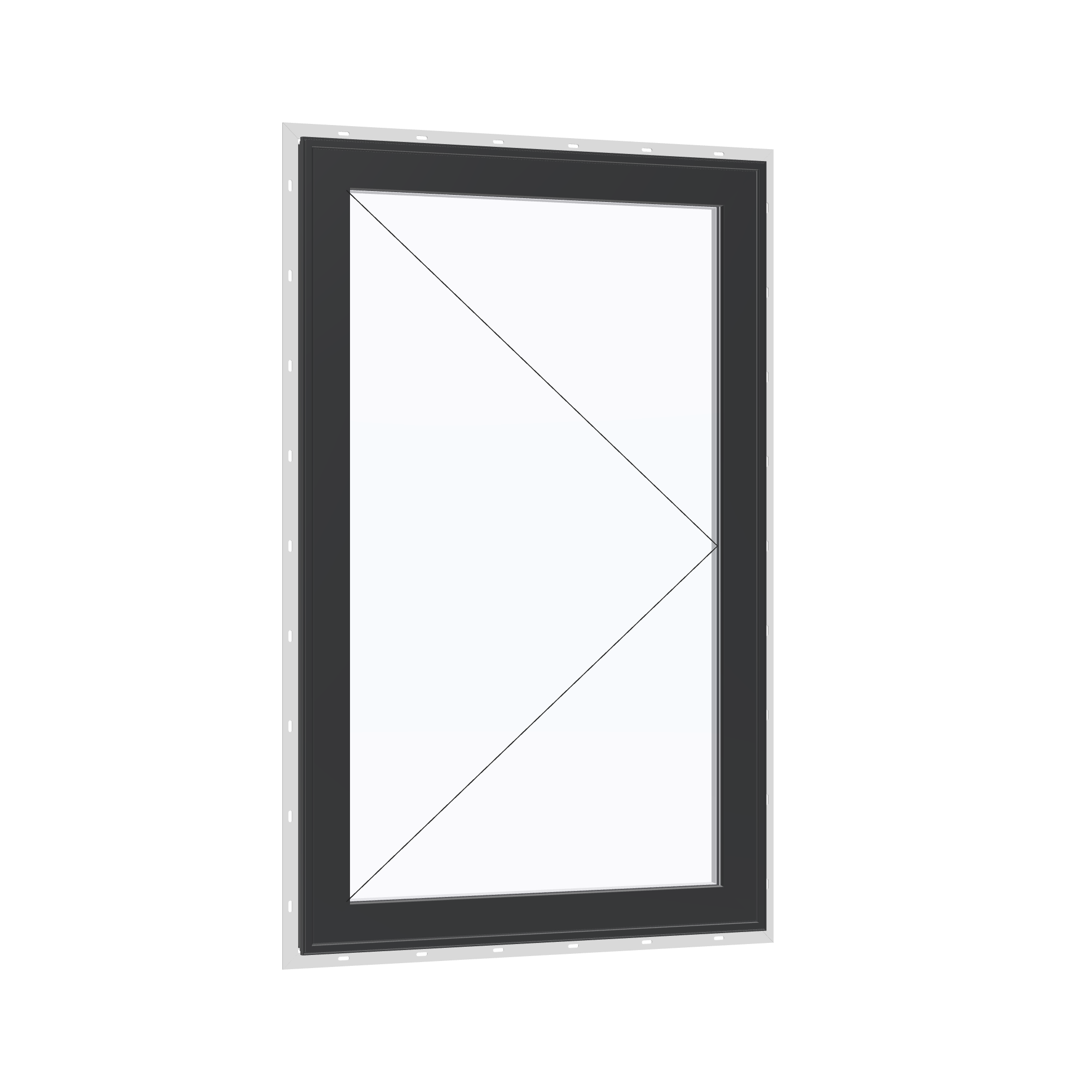 Opposite exterior angle of the 32 × 52 inch casement, black exterior / white interior, with nailing flange