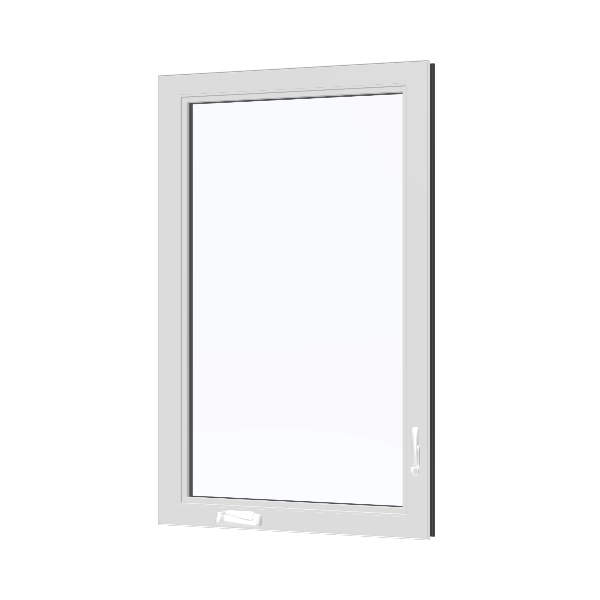 Angled interior view of the 32 × 52 inch casement, black exterior / white interior, without nailing flange