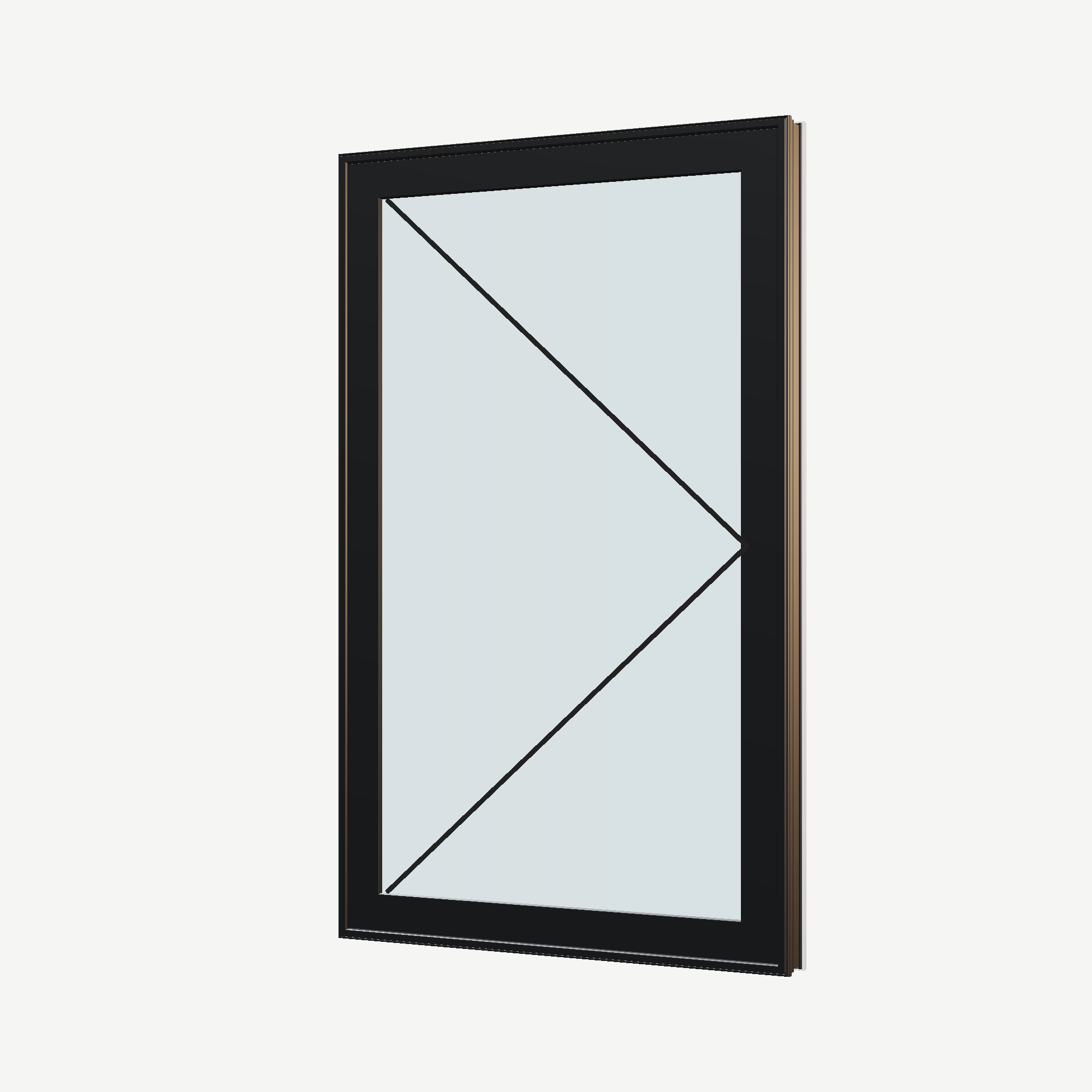 Angled exterior view with opening symbols of the 32 × 52 inch casement, black exterior / white interior, without nailing flange