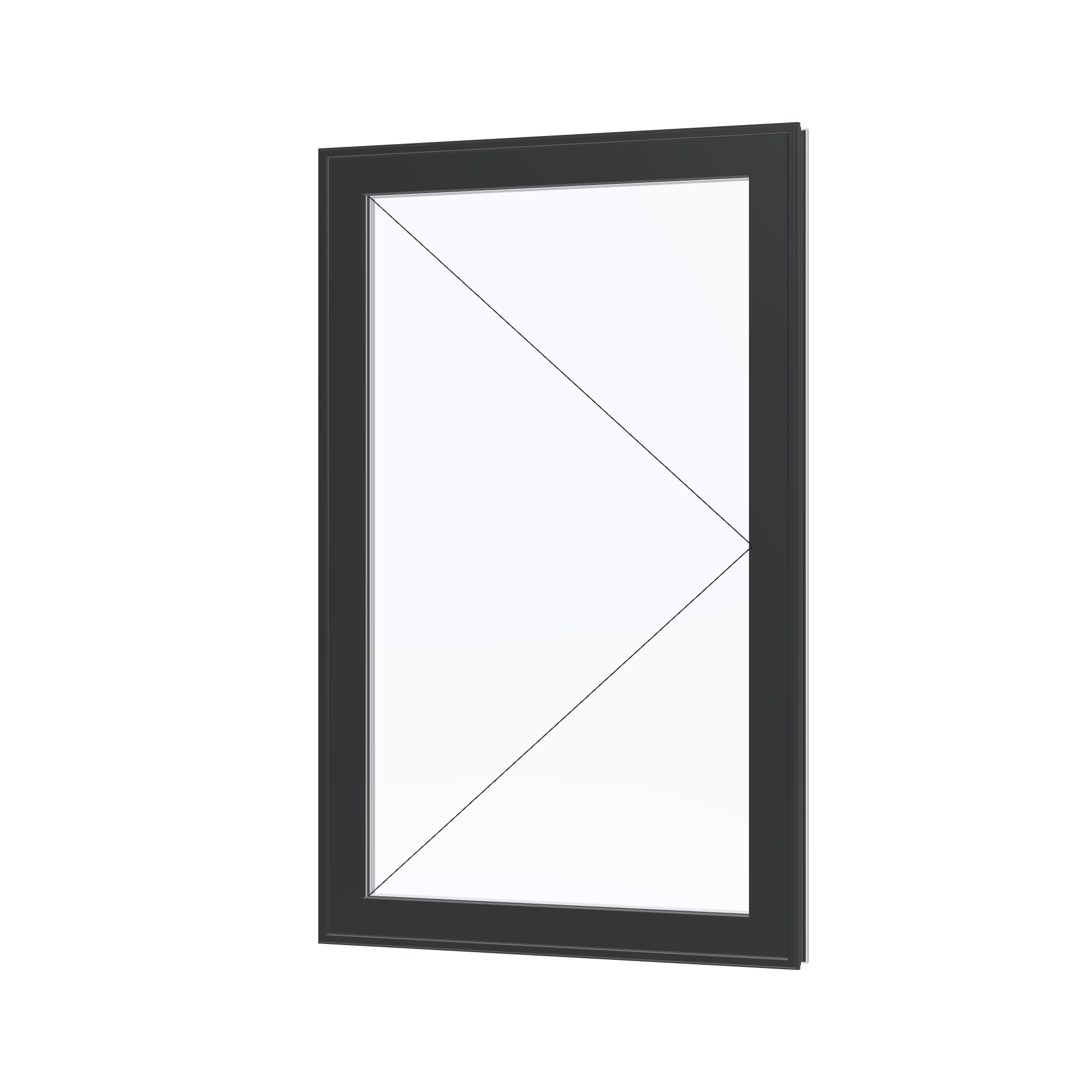 Angled exterior view with opening symbols of the 32 × 52 inch casement, black exterior / white interior, without nailing flange