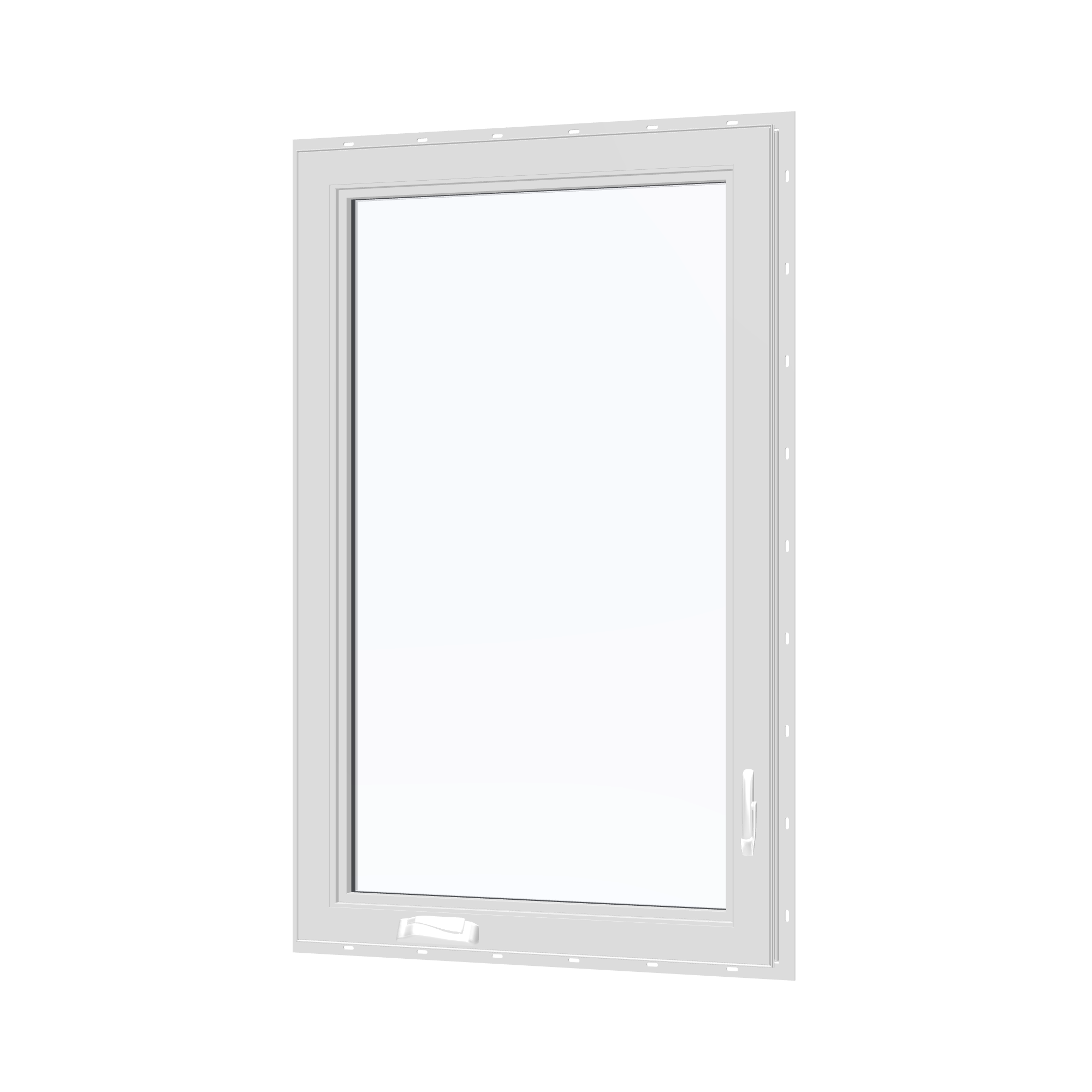 Angled interior view of the 32 × 52 inch casement, white exterior / white interior, with nailing flange