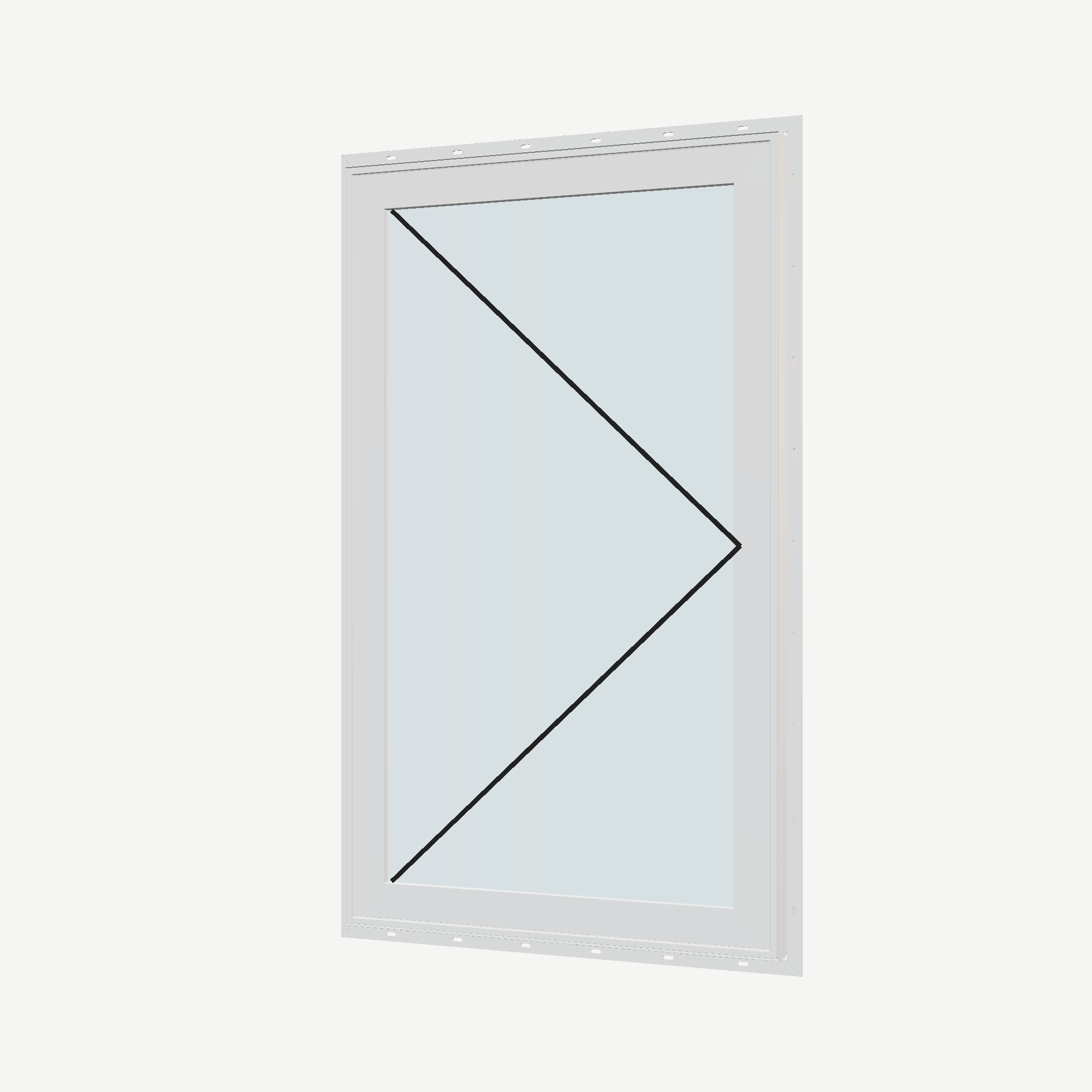 Angled exterior view with opening symbols of the 32 × 52 inch casement, white exterior / white interior, with nailing flange