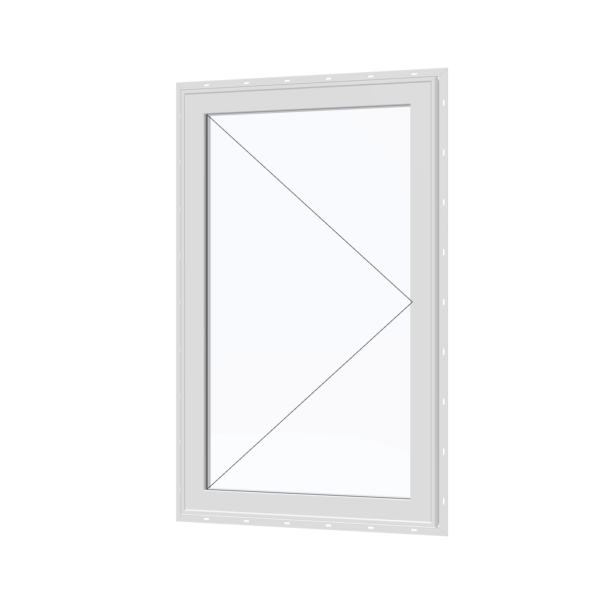 Angled exterior view with opening symbols of the 32 × 52 inch casement, white exterior / white interior, with nailing flange