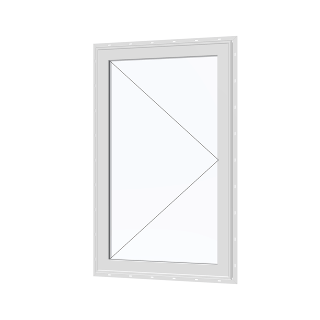 Angled exterior view with opening symbols of the 32 × 52 inch casement, white exterior / white interior, with nailing flange