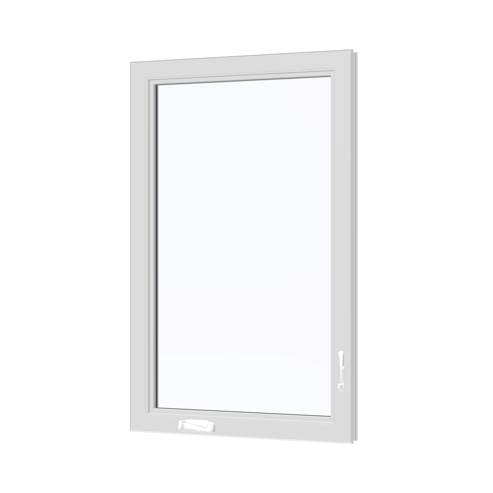 Angled interior view of the 32 × 52 inch casement, white exterior / white interior, without nailing flange