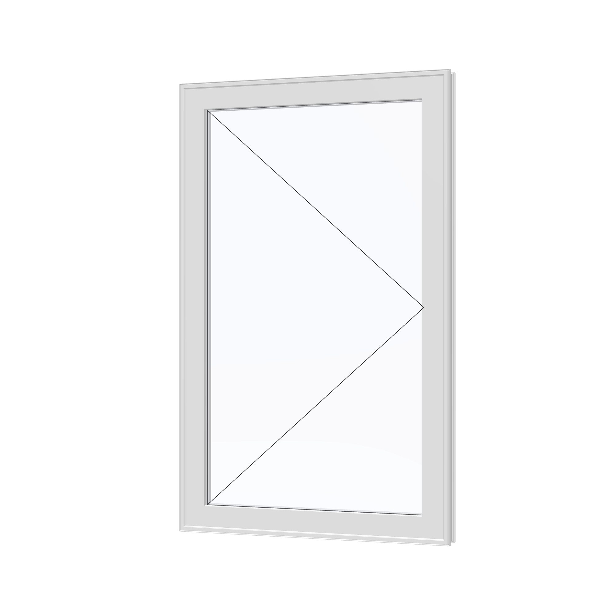 Angled exterior view with opening symbols of the 32 × 52 inch casement, white exterior / white interior, without nailing flange