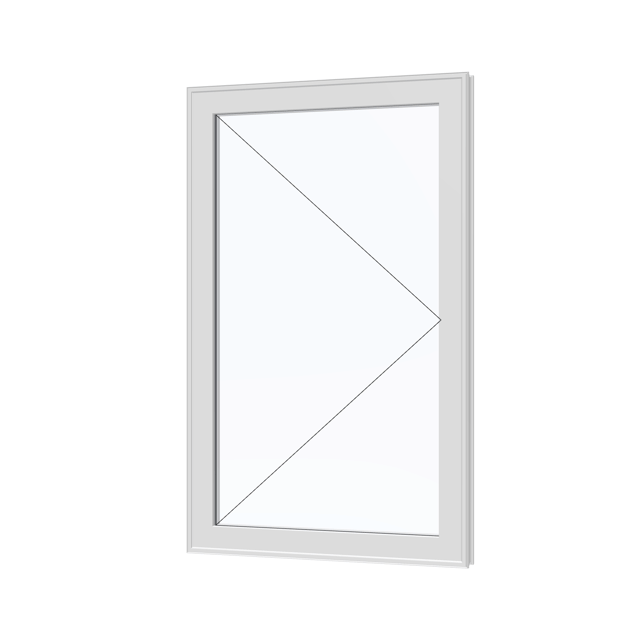 Angled exterior view with opening symbols of the 32 × 52 inch casement, white exterior / white interior, without nailing flange