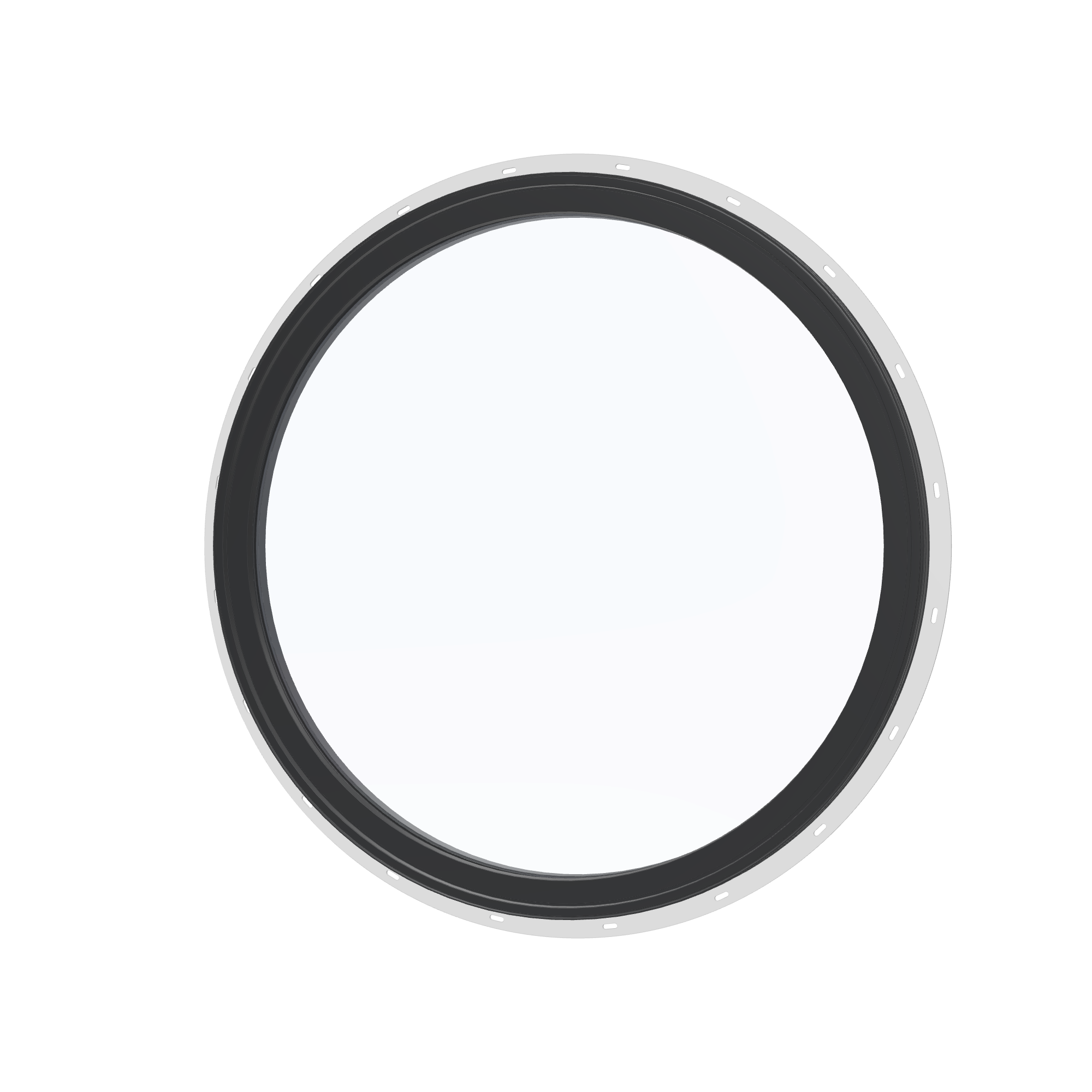 Angled exterior view of the 36 × 36 inch circle, black exterior / black interior, with nailing flange