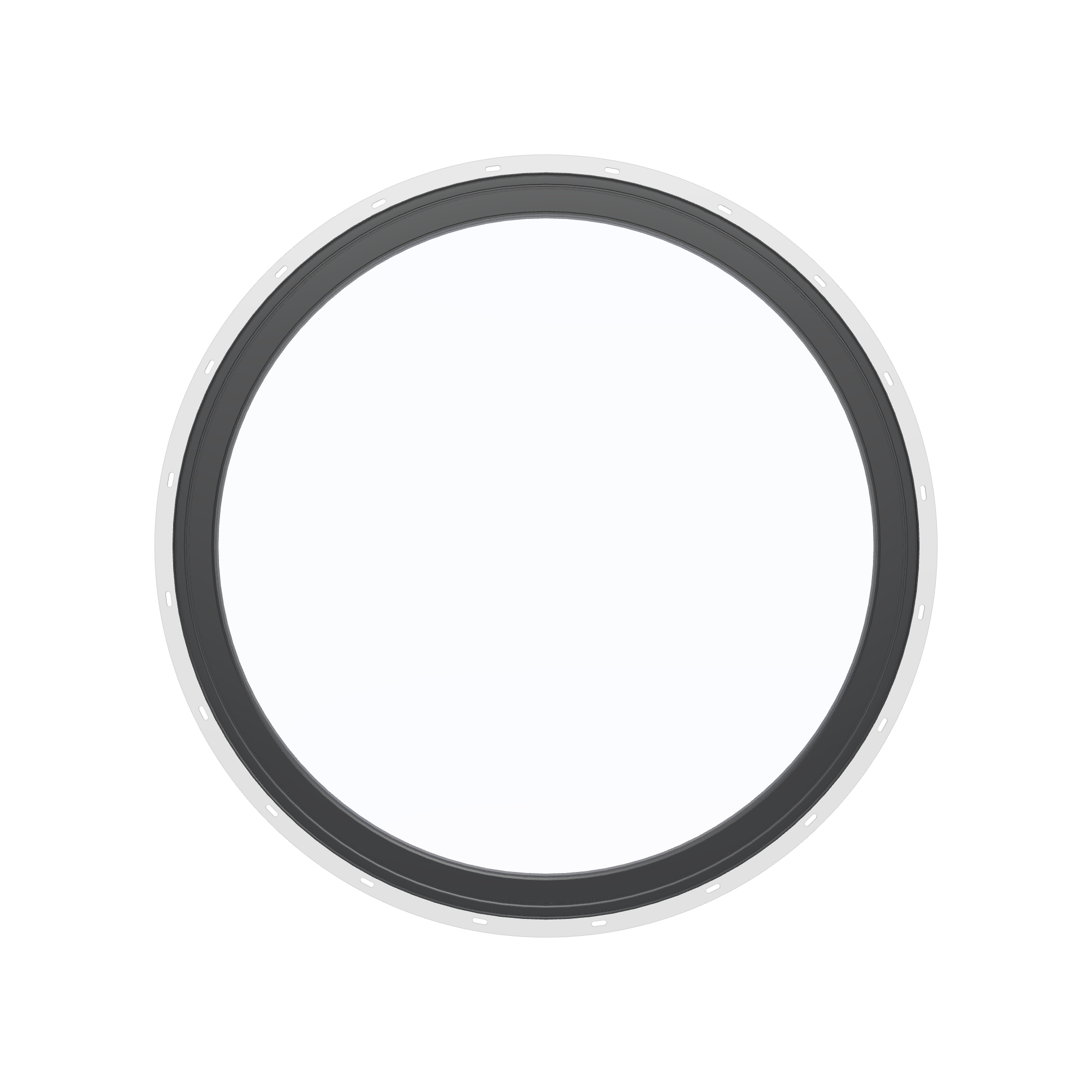Straight exterior view of the 36 × 36 inch circle, black exterior / black interior, with nailing flange