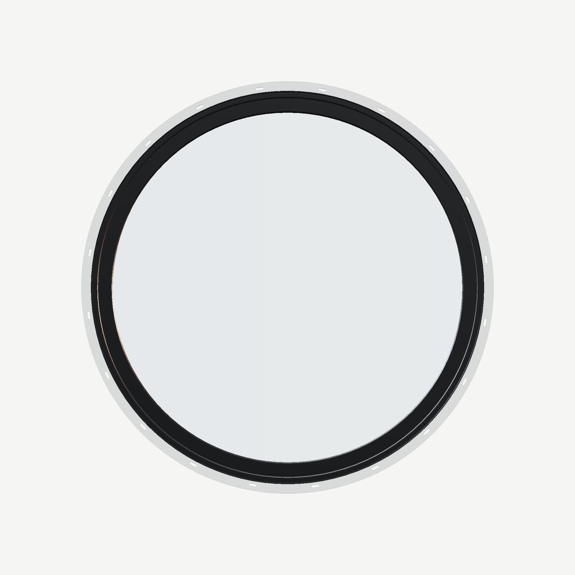 Straight exterior view of the 36 × 36 inch circle, black exterior / black interior, with nailing flange