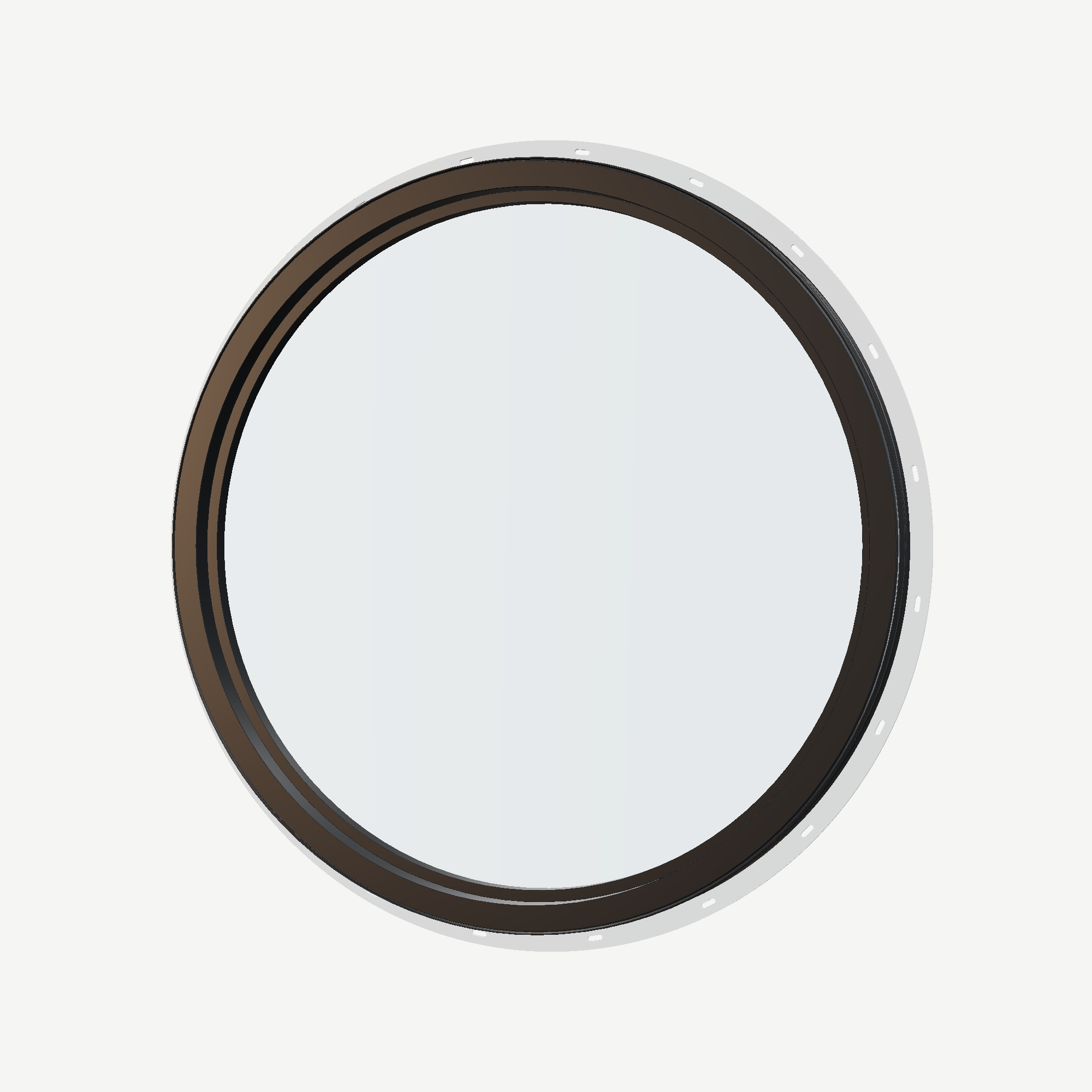 Angled interior view of the 36 × 36 inch circle, black exterior / black interior, with nailing flange