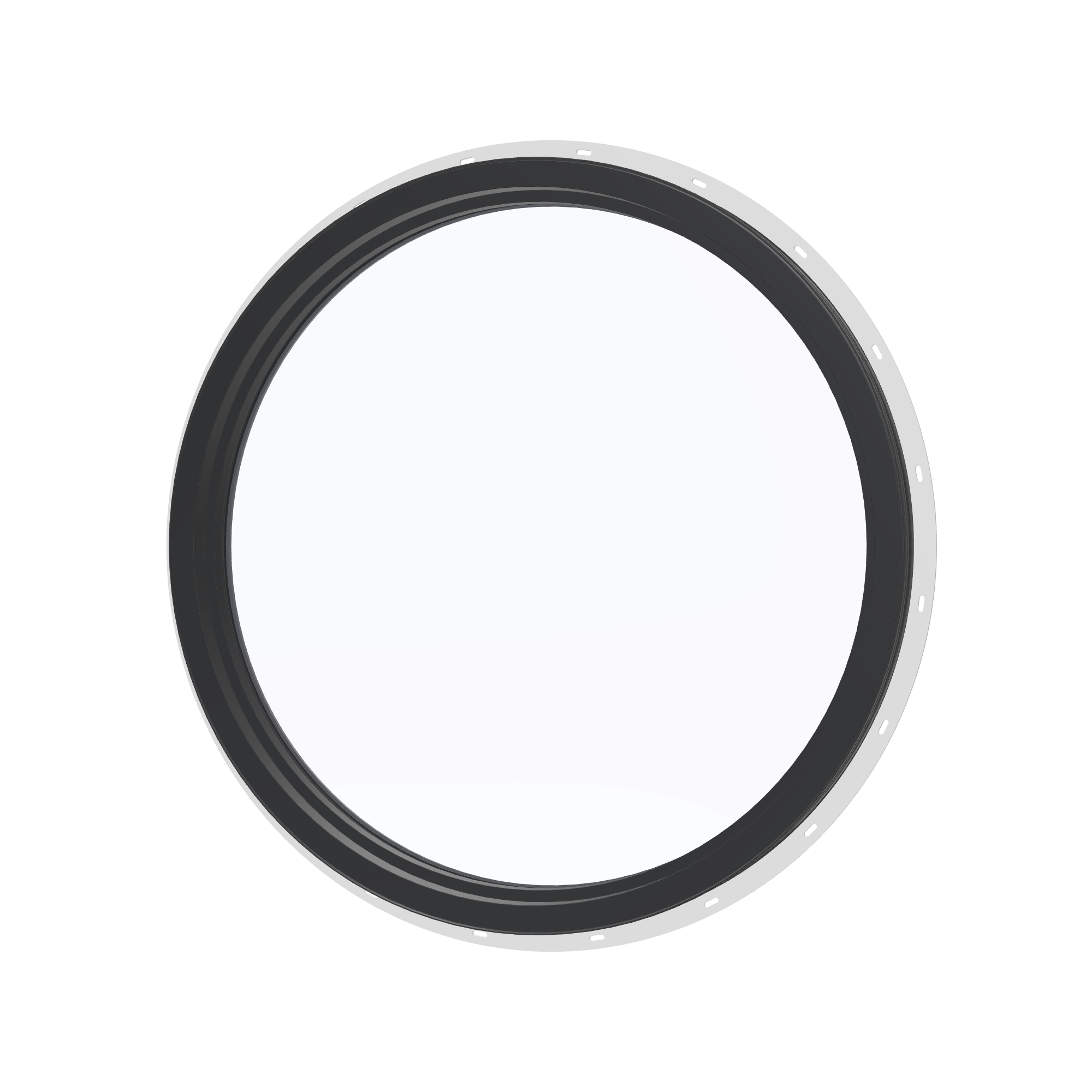Angled interior view of the 36 × 36 inch circle, black exterior / black interior, with nailing flange