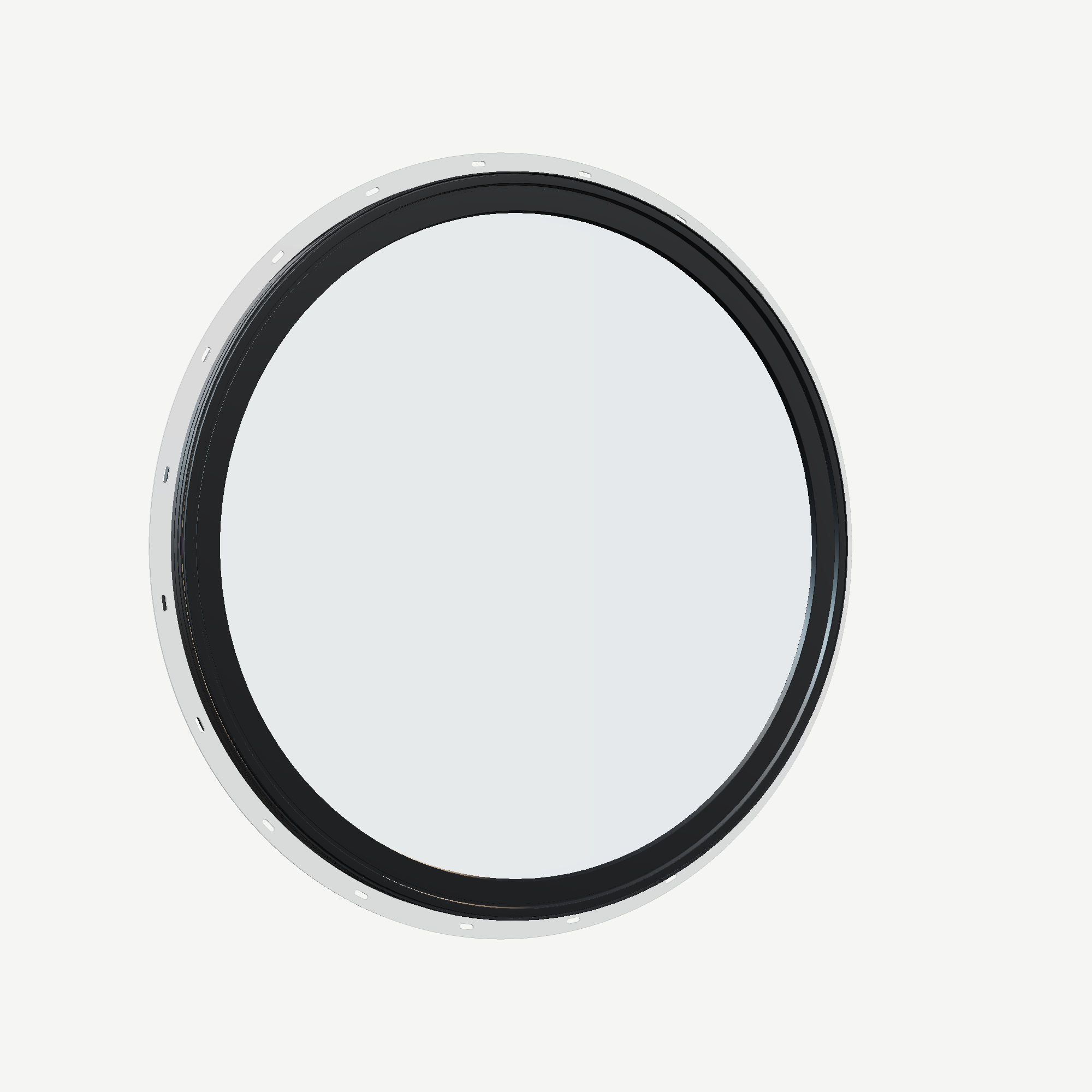 Opposite exterior angle of the 36 × 36 inch circle, black exterior / black interior, with nailing flange