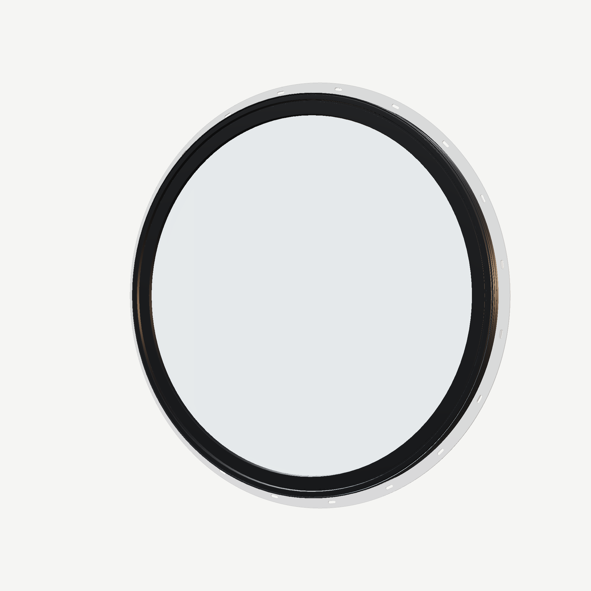 Angled exterior view of the 36 × 36 inch circle, black exterior / white interior, with nailing flange