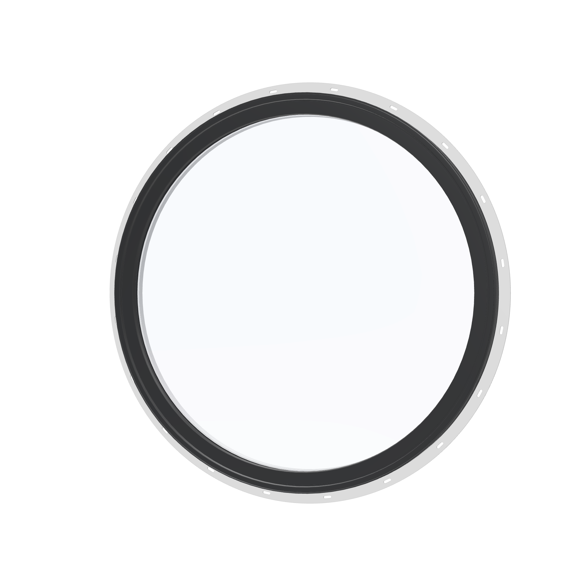 Angled exterior view of the 36 × 36 inch circle, black exterior / white interior, with nailing flange