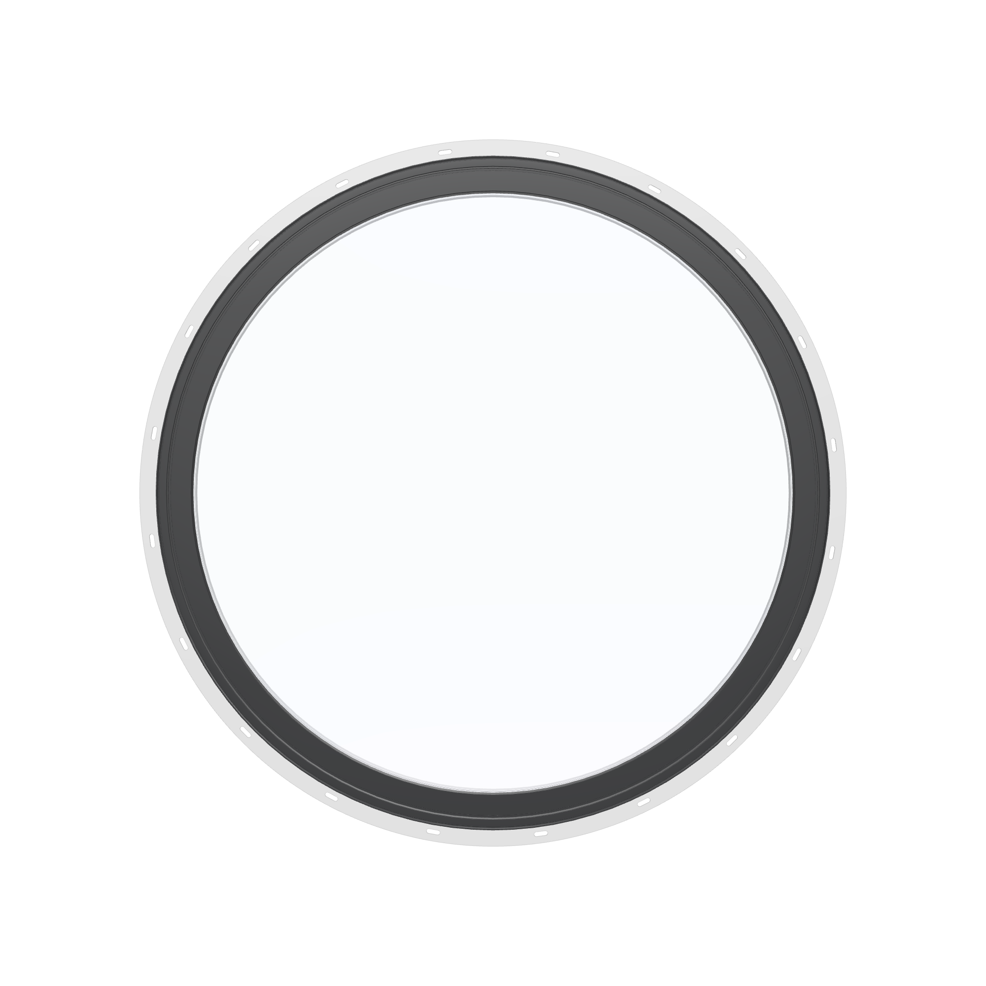 Straight exterior view of the 36 × 36 inch circle, black exterior / white interior, with nailing flange