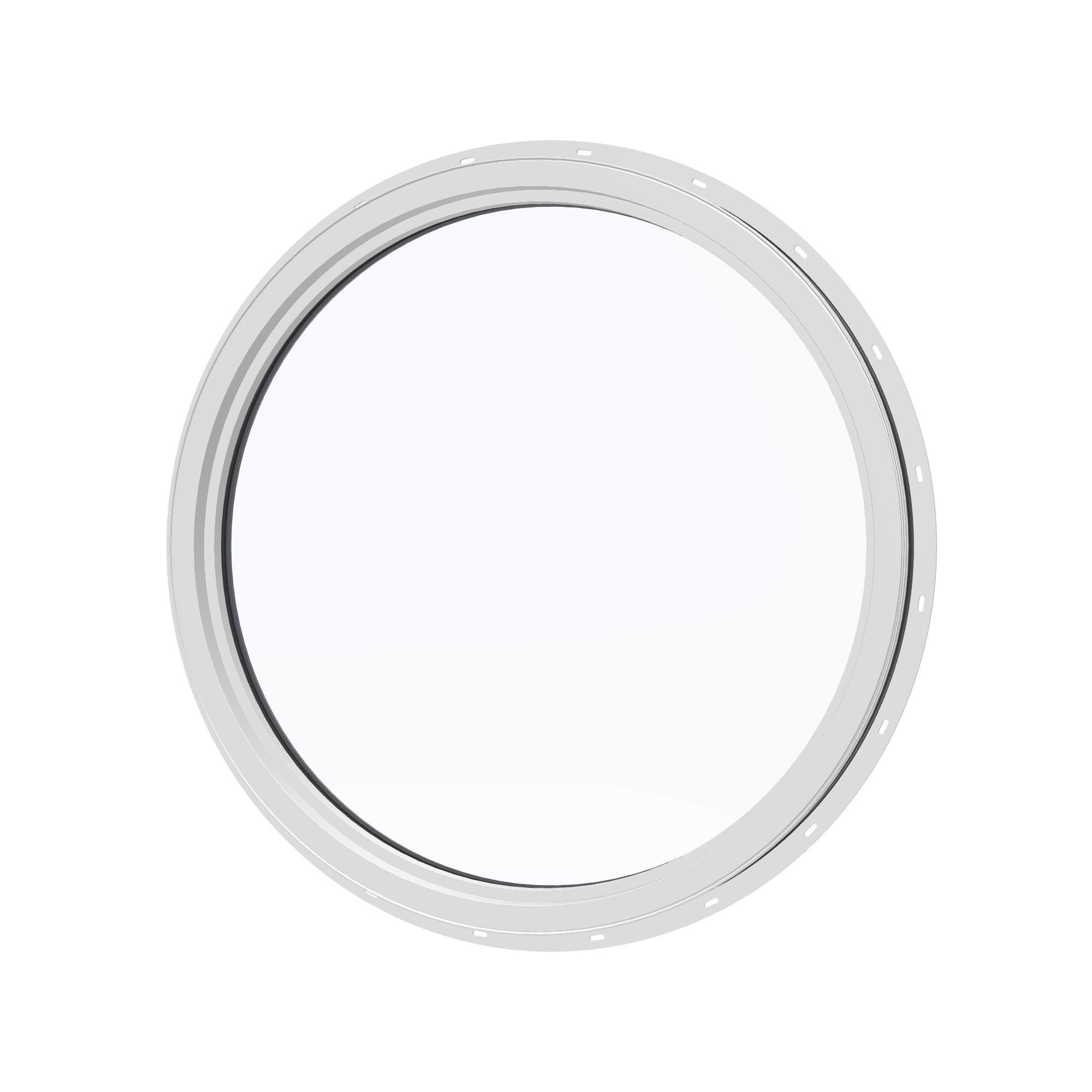 Angled interior view of the 36 × 36 inch circle, black exterior / white interior, with nailing flange