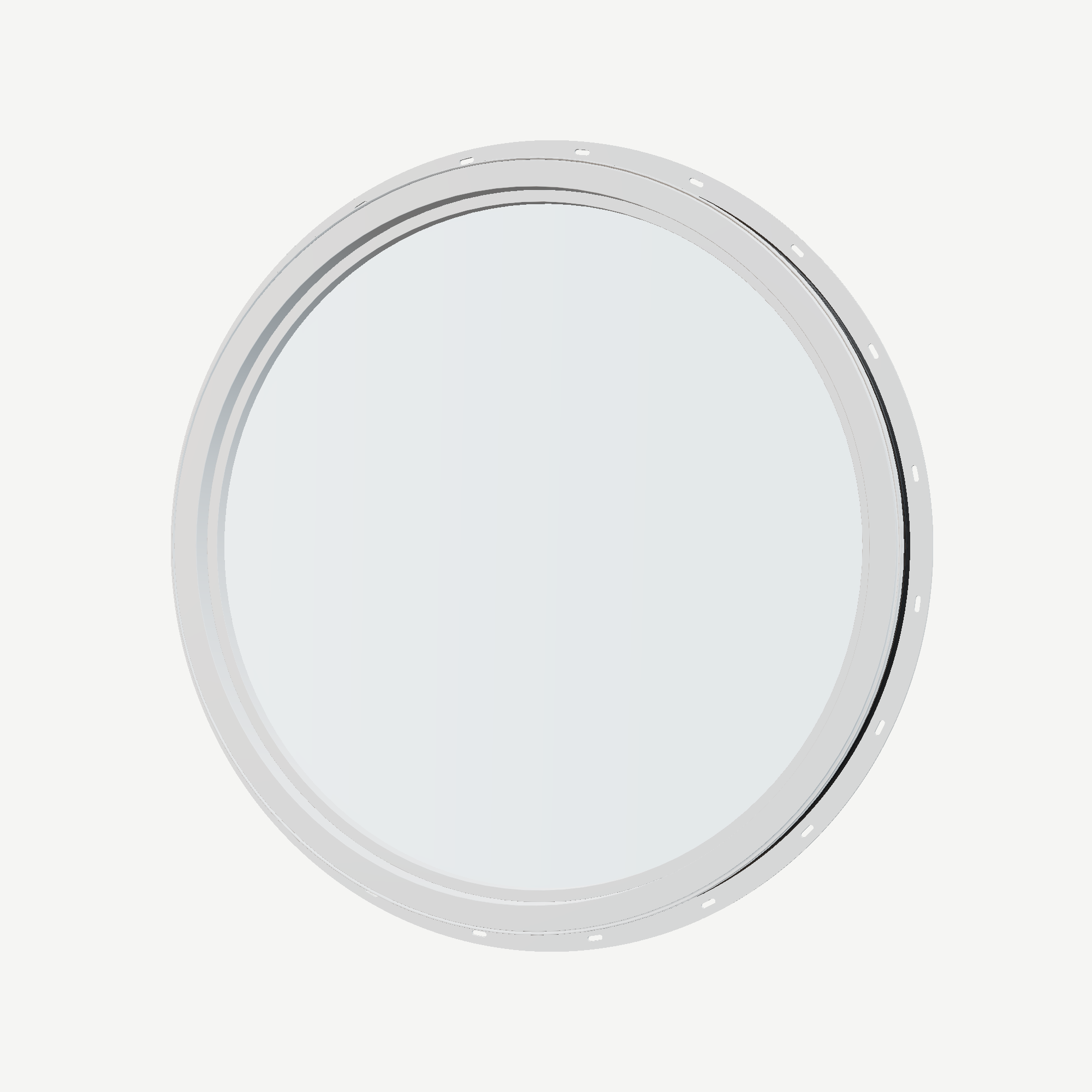 Angled interior view of the 36 × 36 inch circle, black exterior / white interior, with nailing flange