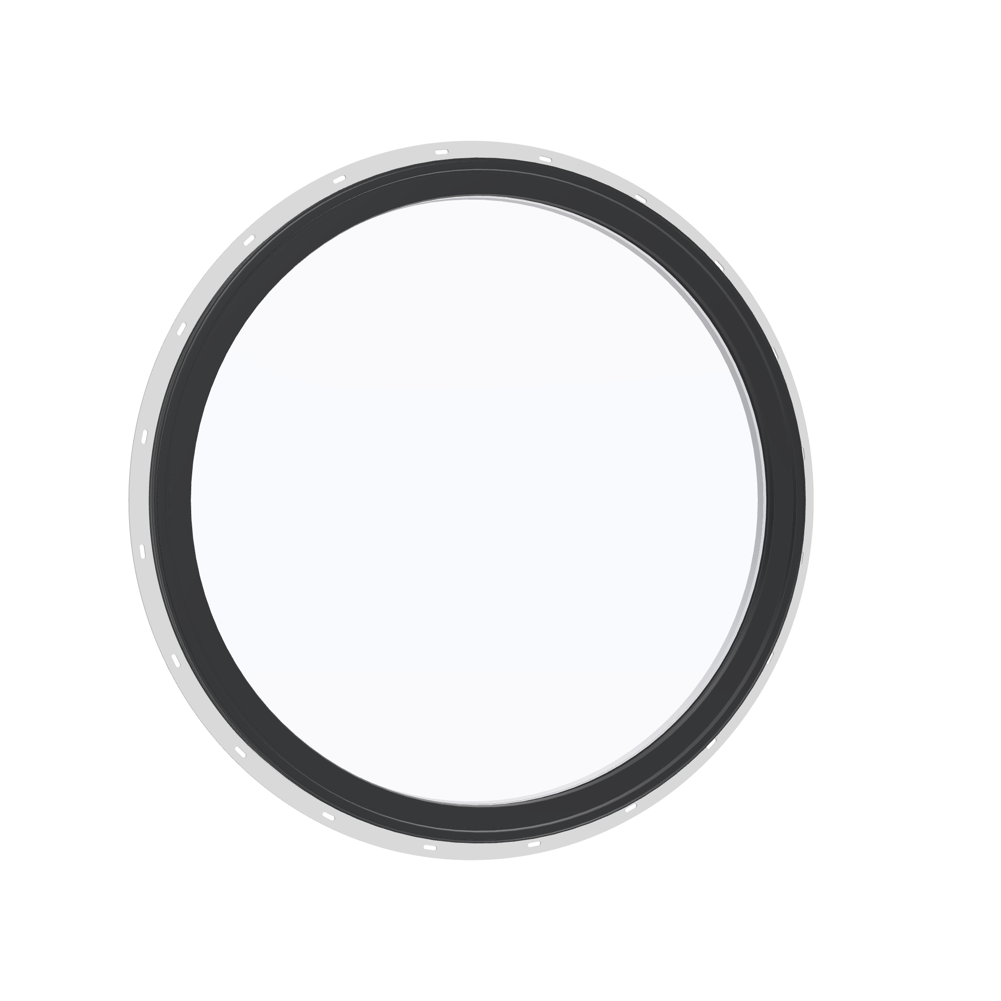 Opposite exterior angle of the 36 × 36 inch circle, black exterior / white interior, with nailing flange