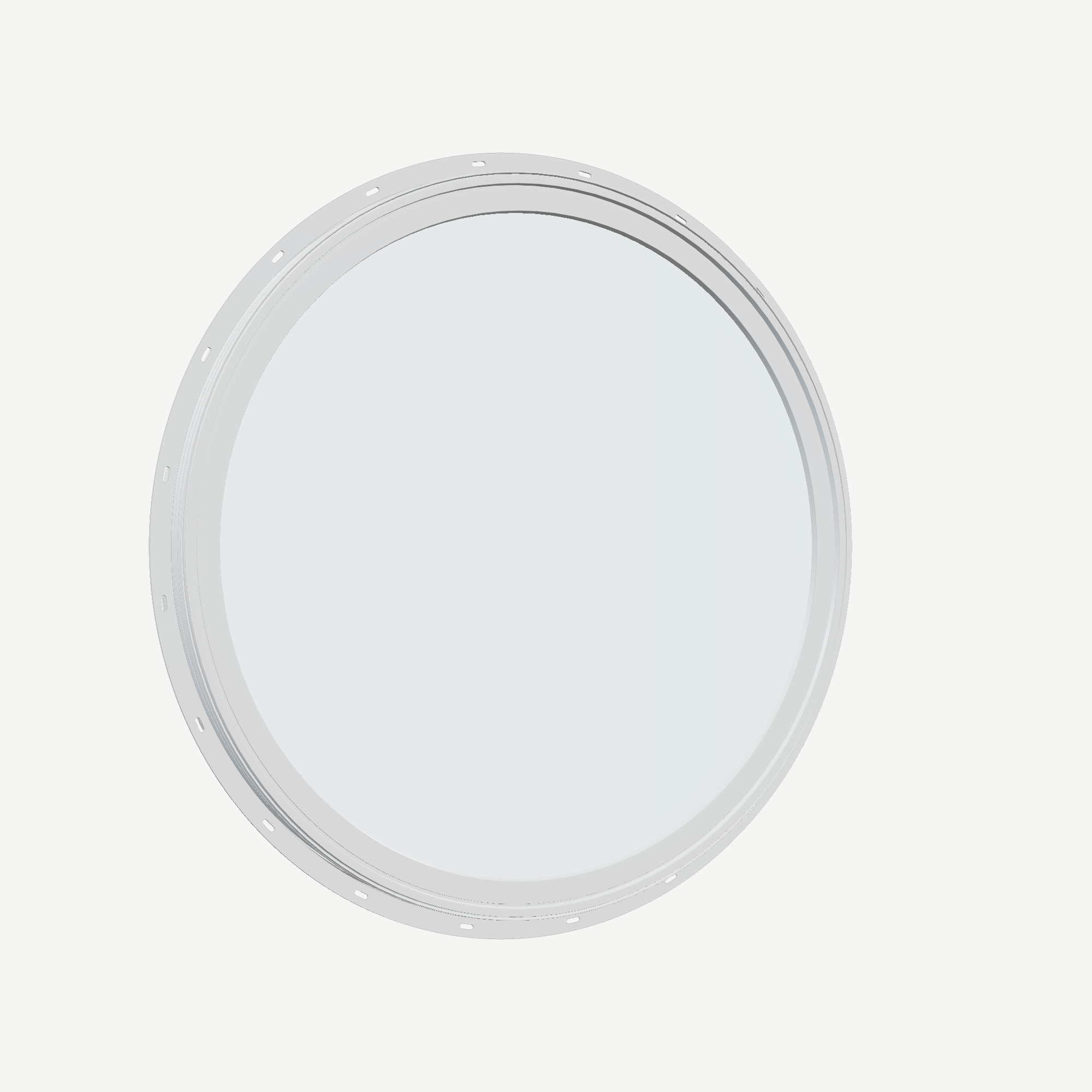 Opposite exterior angle of the 36 × 36 inch circle, white exterior / white interior, with nailing flange