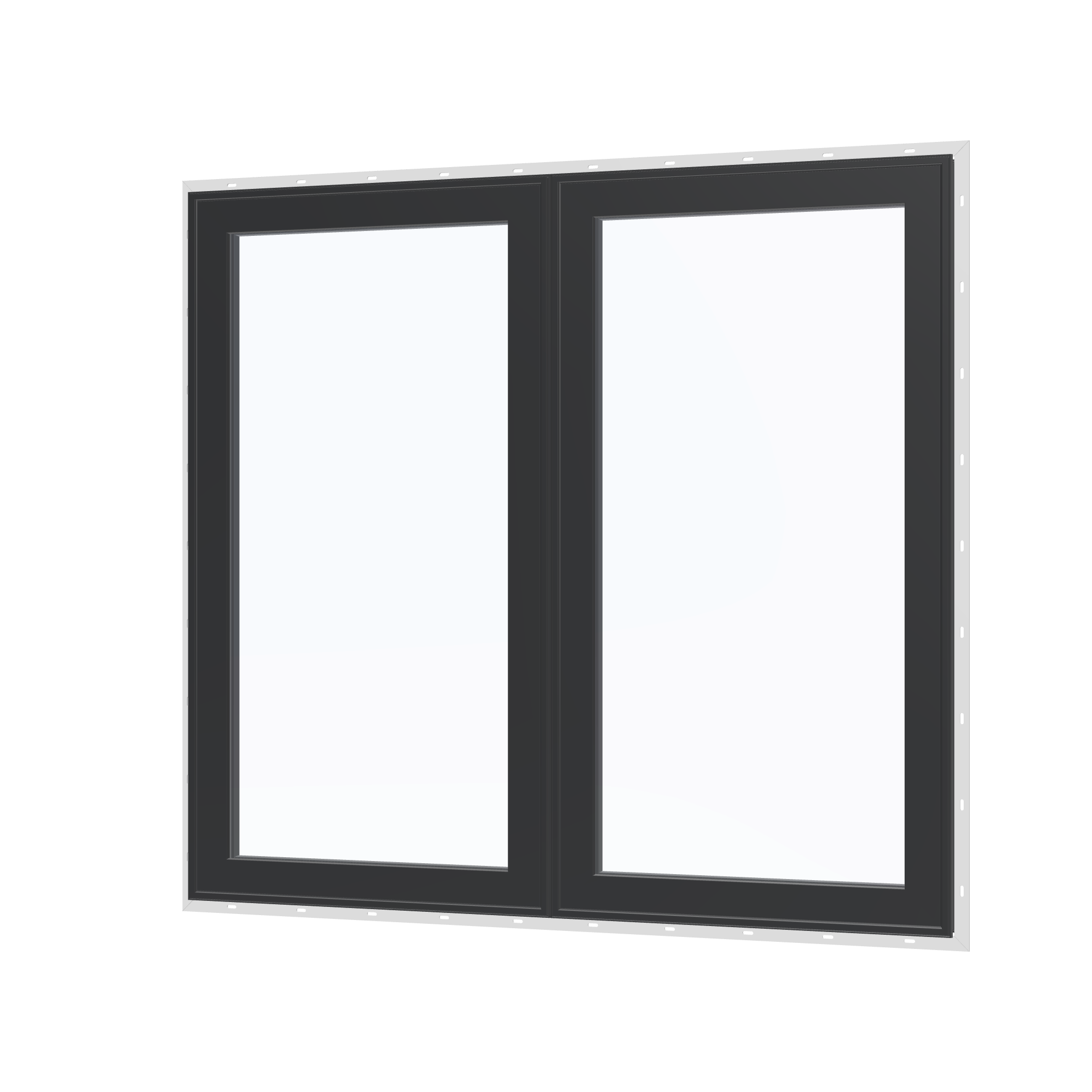 Angled exterior view of the 56 × 52 inch double casement combination, black exterior / black interior, with nailing flange