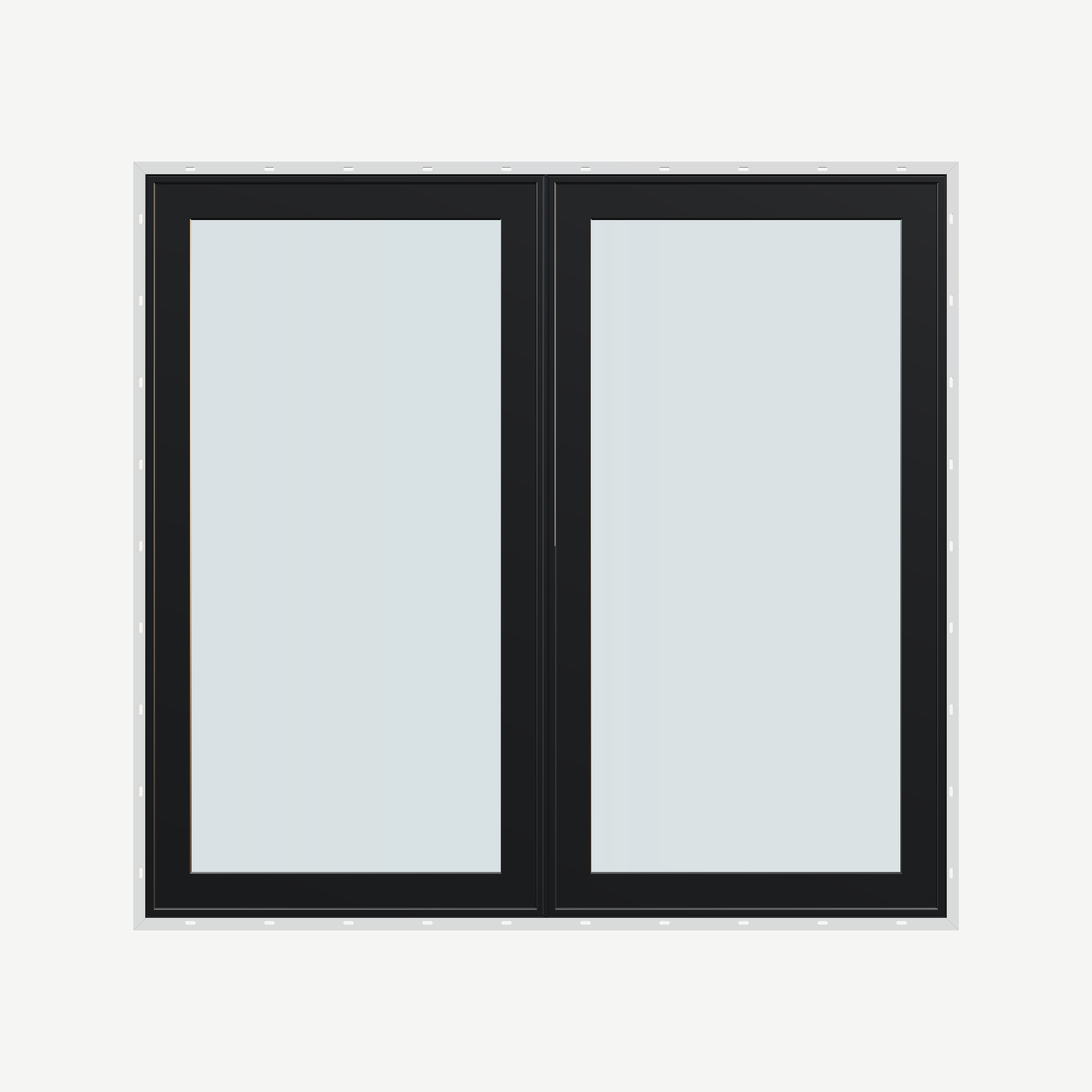 Straight exterior view of the 56 × 52 inch double casement combination, black exterior / black interior, with nailing flange