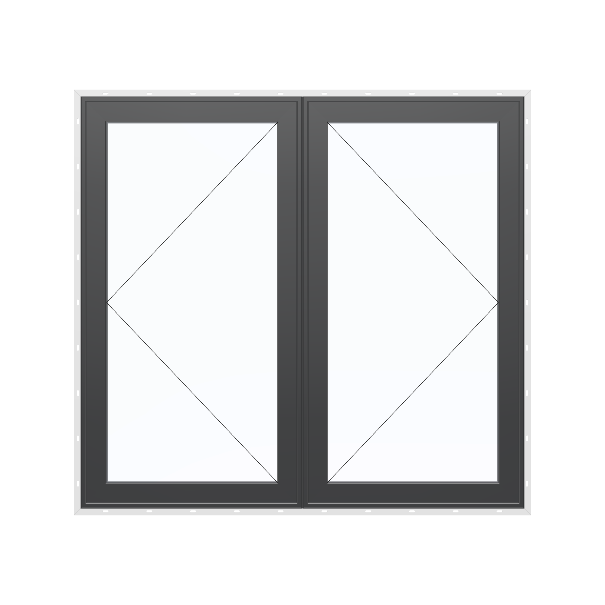 Straight exterior view of the 56 × 52 inch double casement combination, black exterior / black interior, with nailing flange
