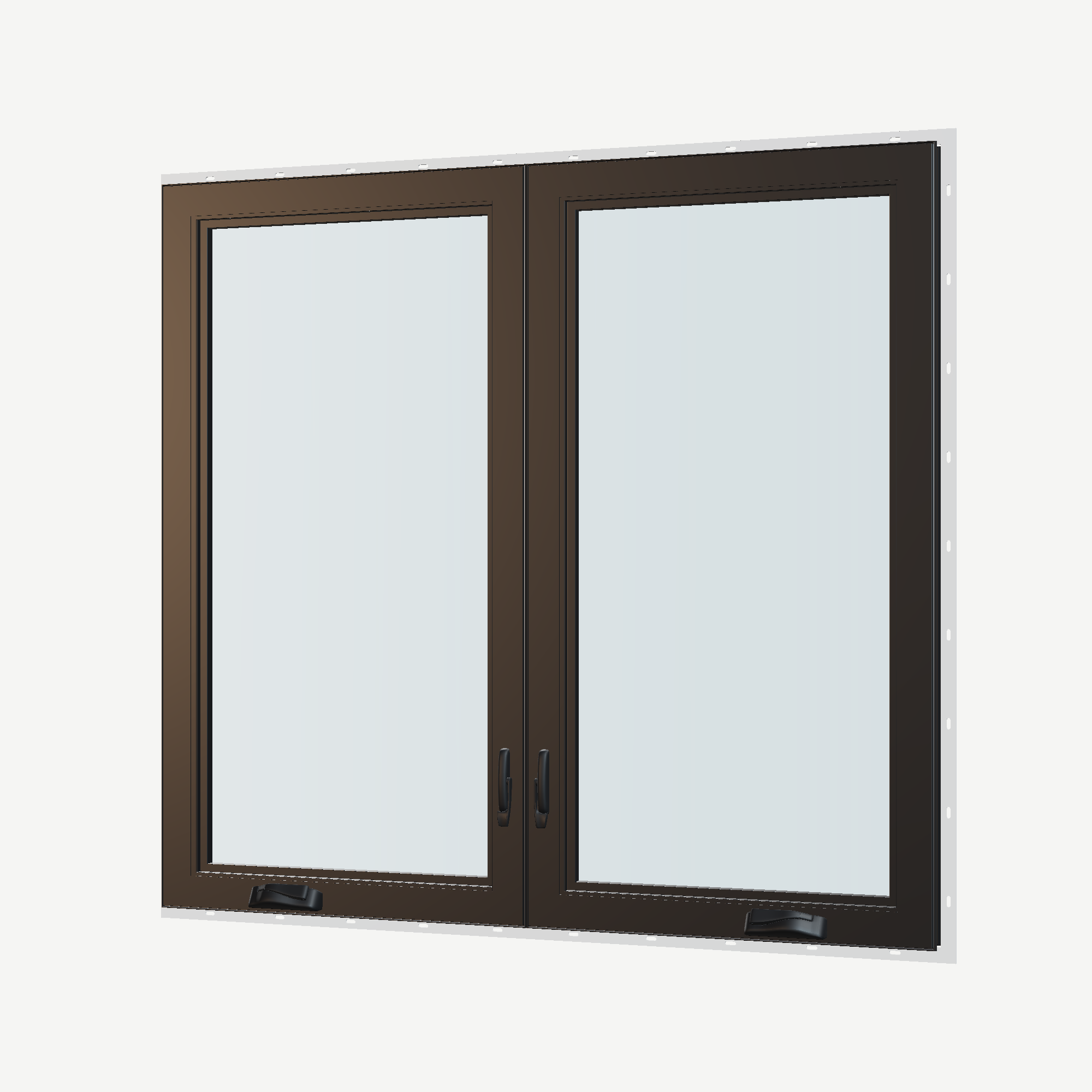 Angled interior view of the 56 × 52 inch double casement combination, black exterior / black interior, with nailing flange
