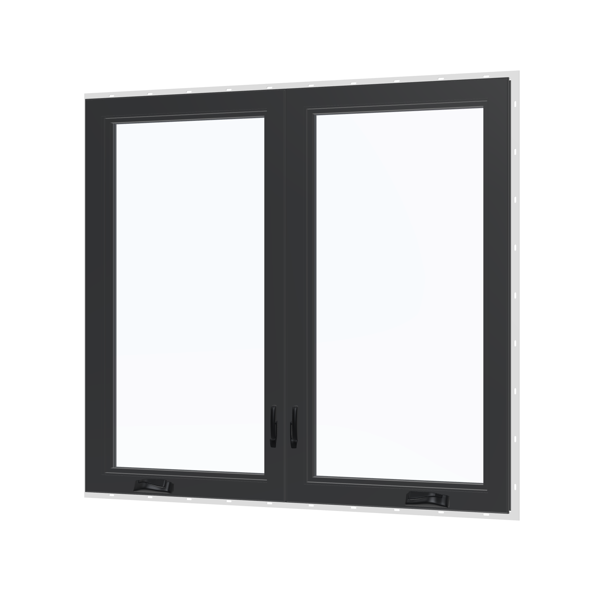 Angled interior view of the 56 × 52 inch double casement combination, black exterior / black interior, with nailing flange