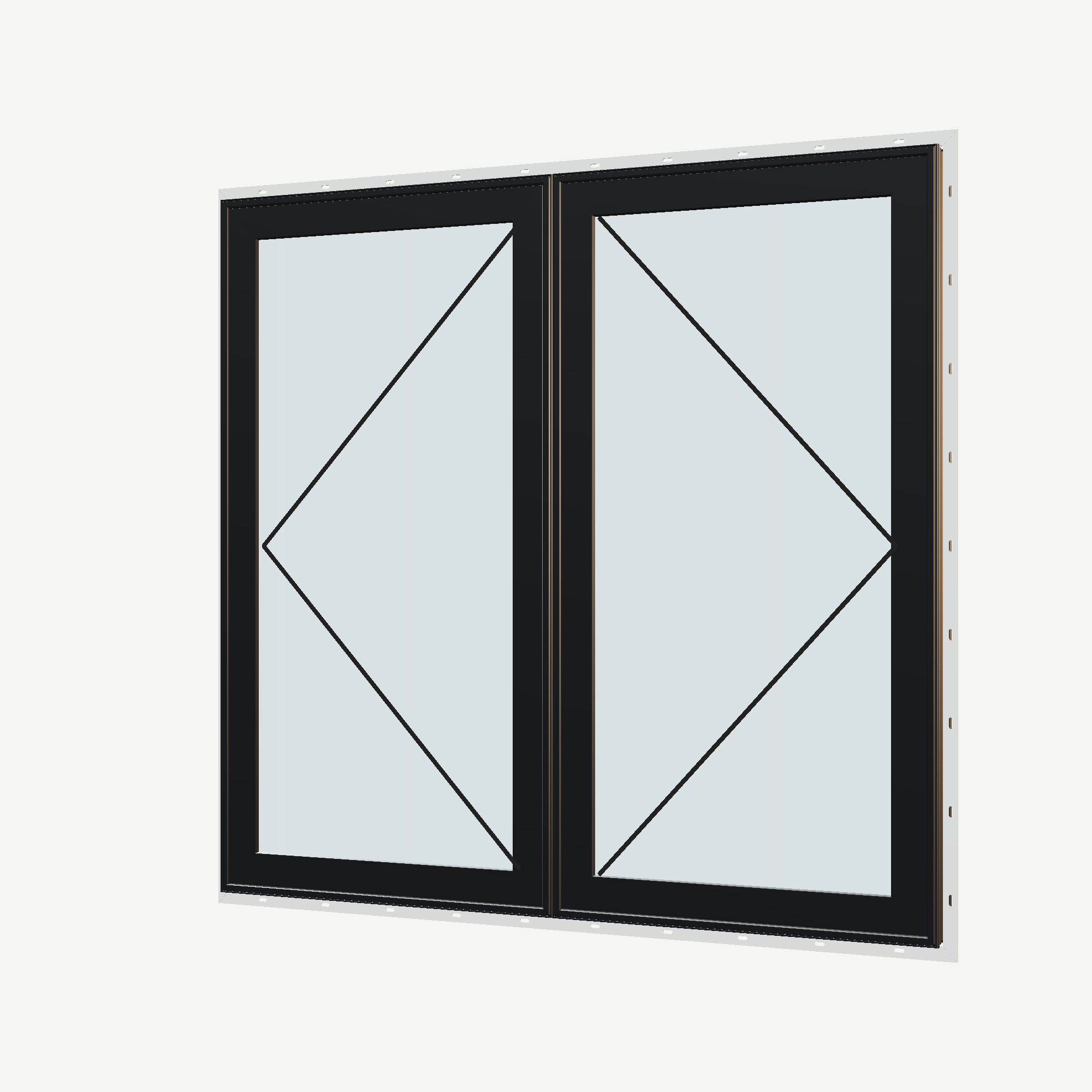 Angled exterior view with opening symbols of the 56 × 52 inch double casement combination, black exterior / black interior, with nailing flange
