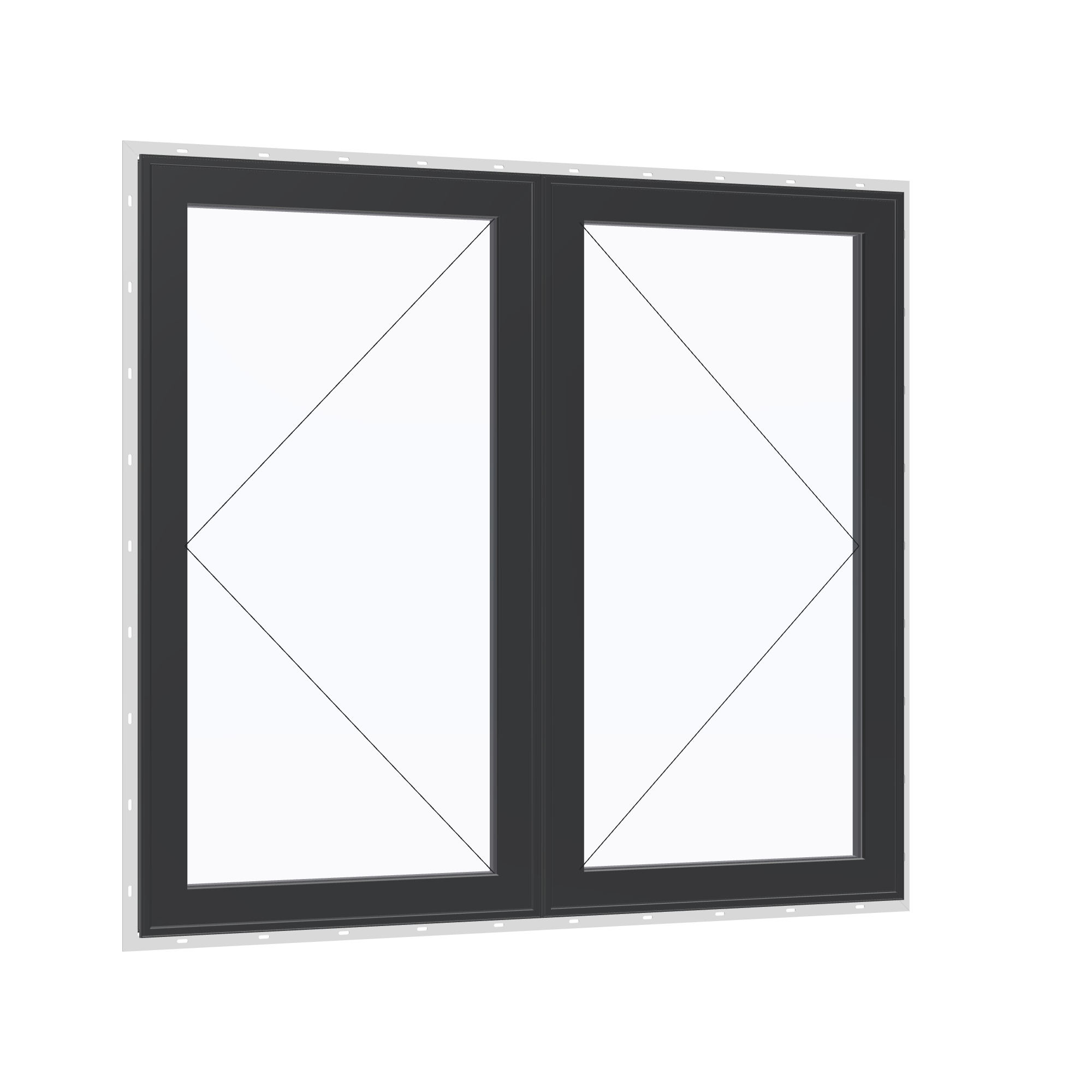 Opposite exterior angle of the 56 × 52 inch double casement combination, black exterior / black interior, with nailing flange