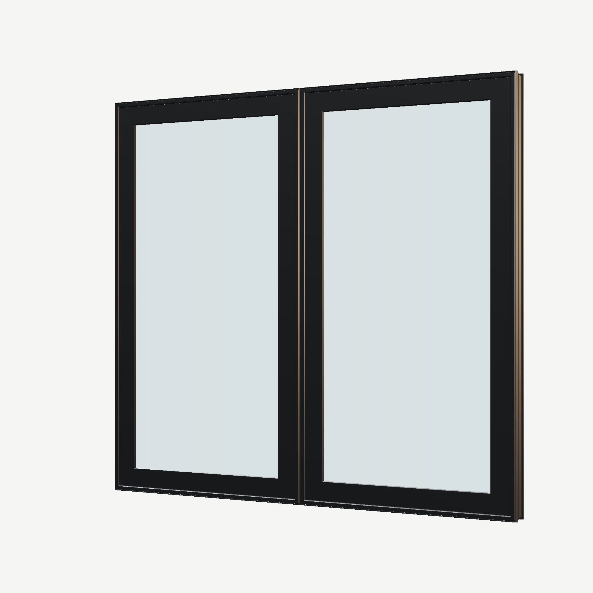 Angled exterior view of the 56 × 52 inch double casement combination, black exterior / black interior, without nailing flange