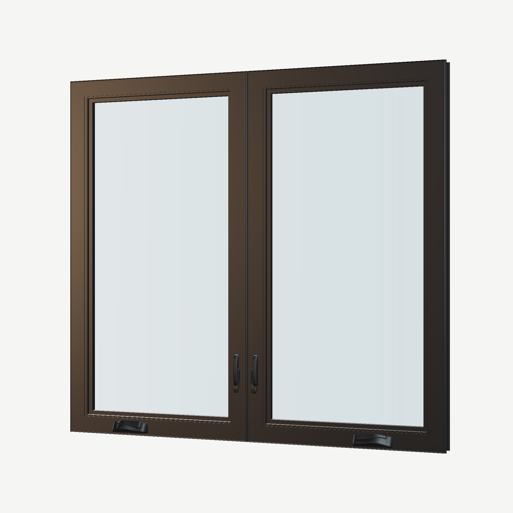 Angled interior view of the 56 × 52 inch double casement combination, black exterior / black interior, without nailing flange