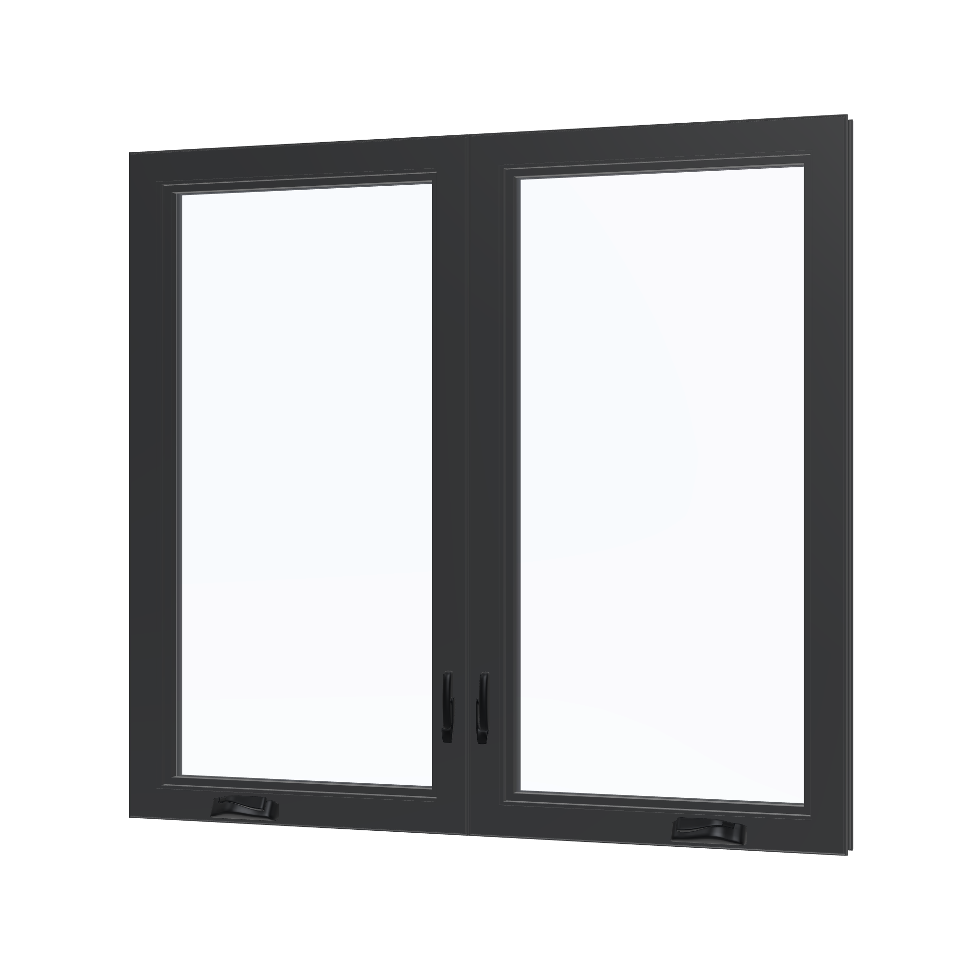 Angled interior view of the 56 × 52 inch double casement combination, black exterior / black interior, without nailing flange