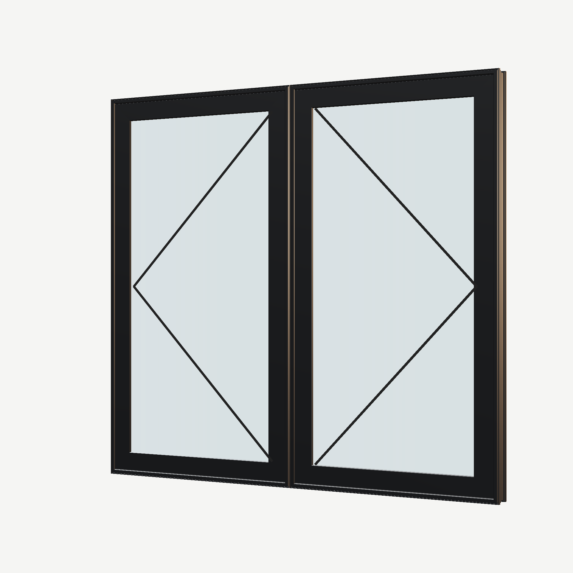 Angled exterior view with opening symbols of the 56 × 52 inch double casement combination, black exterior / black interior, without nailing flange
