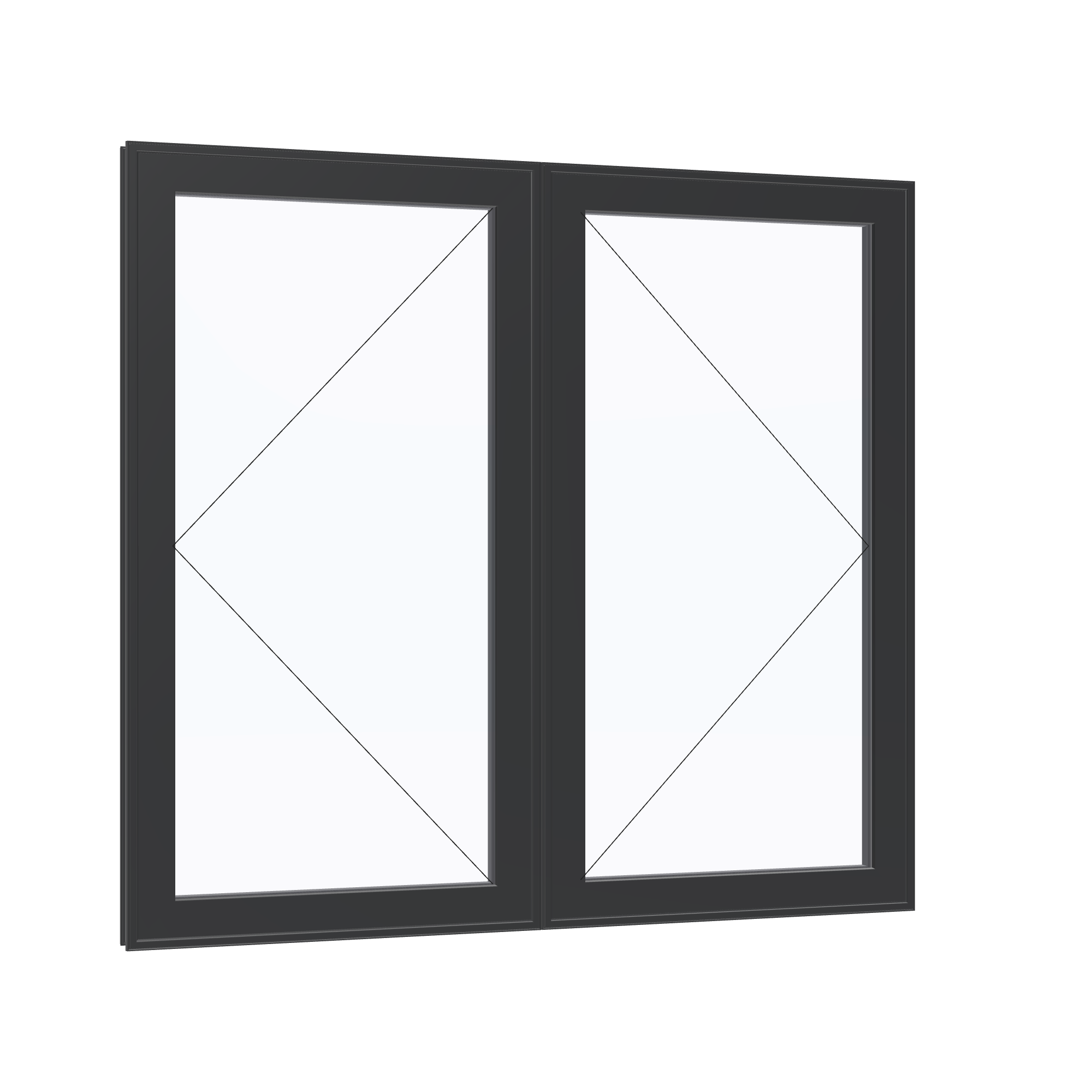 Opposite exterior angle of the 56 × 52 inch double casement combination, black exterior / black interior, without nailing flange