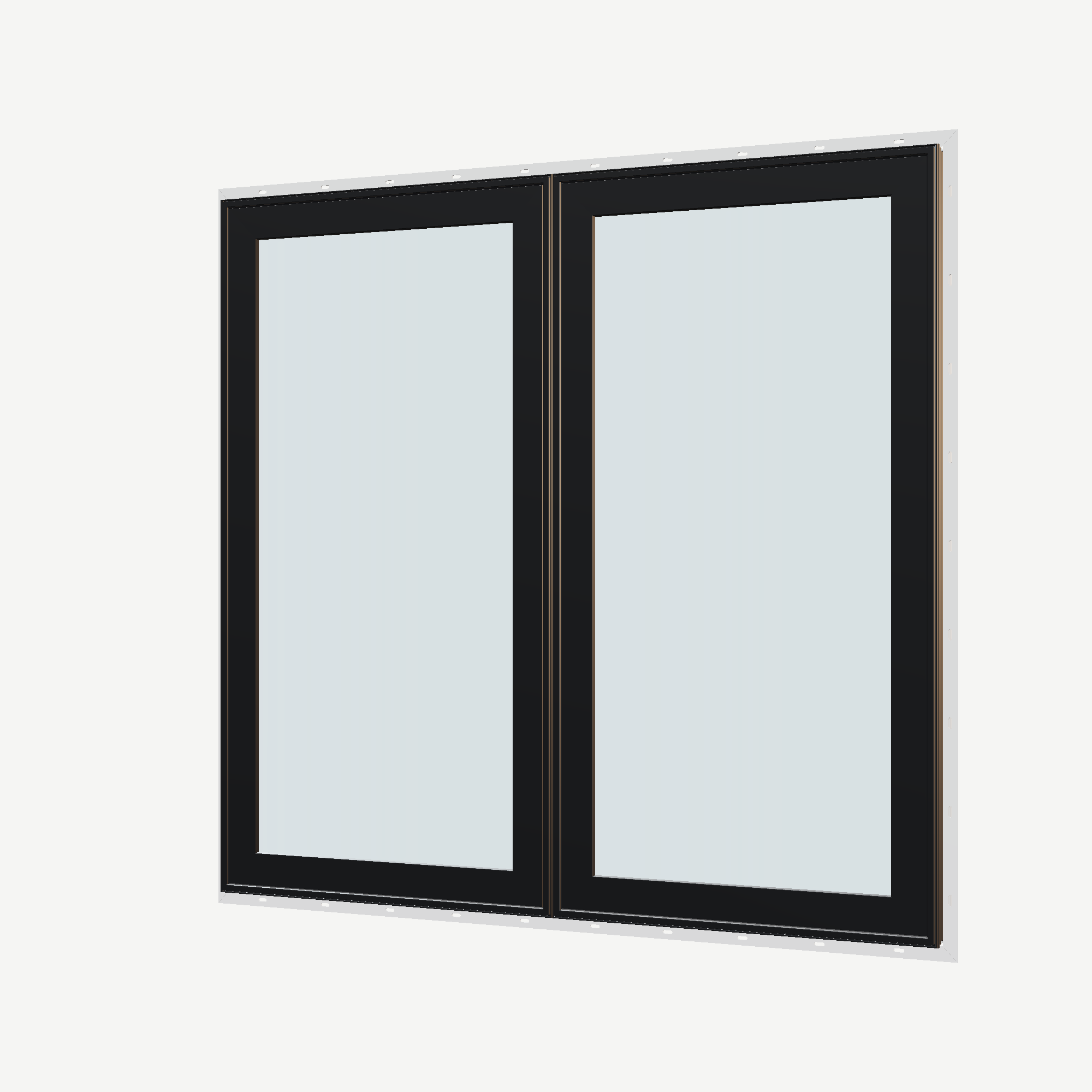 Angled exterior view of the 56 × 52 inch double casement combination, black exterior / white interior, with nailing flange