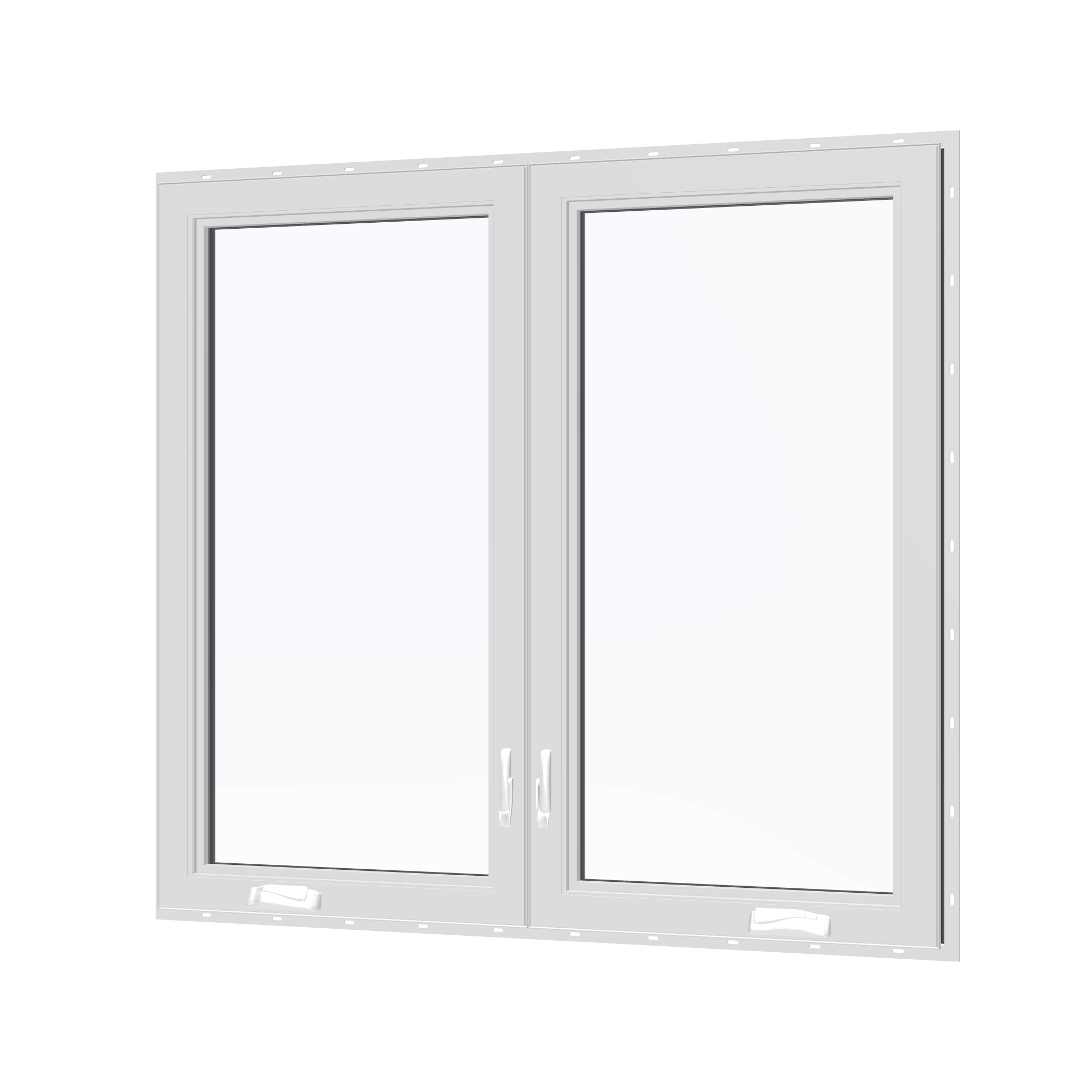 Angled interior view of the 56 × 52 inch double casement combination, black exterior / white interior, with nailing flange