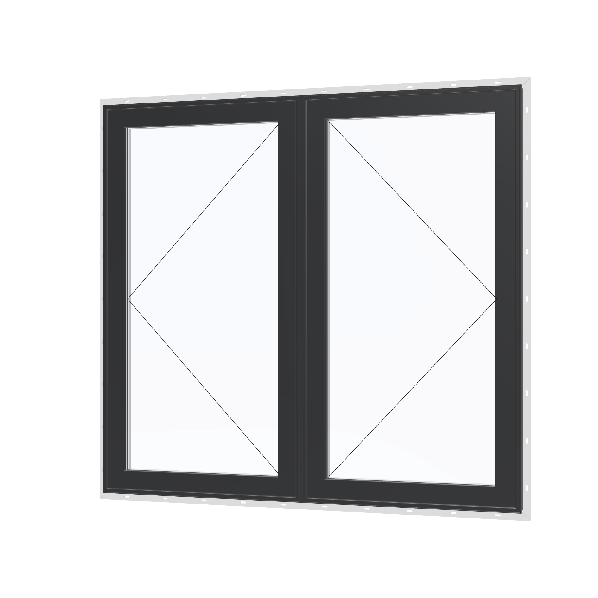 Angled exterior view with opening symbols of the 56 × 52 inch double casement combination, black exterior / white interior, with nailing flange