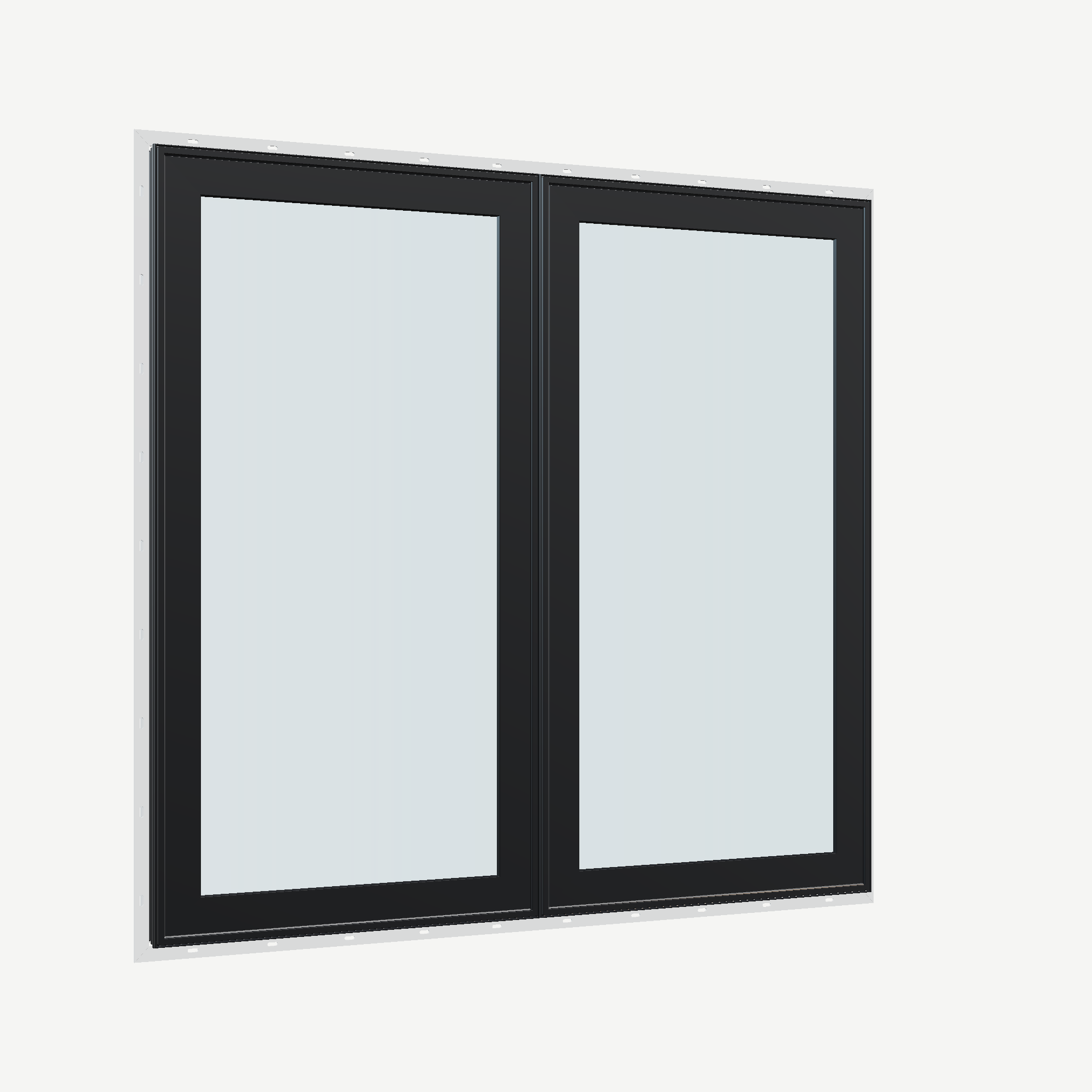 Opposite exterior angle of the 56 × 52 inch double casement combination, black exterior / white interior, with nailing flange