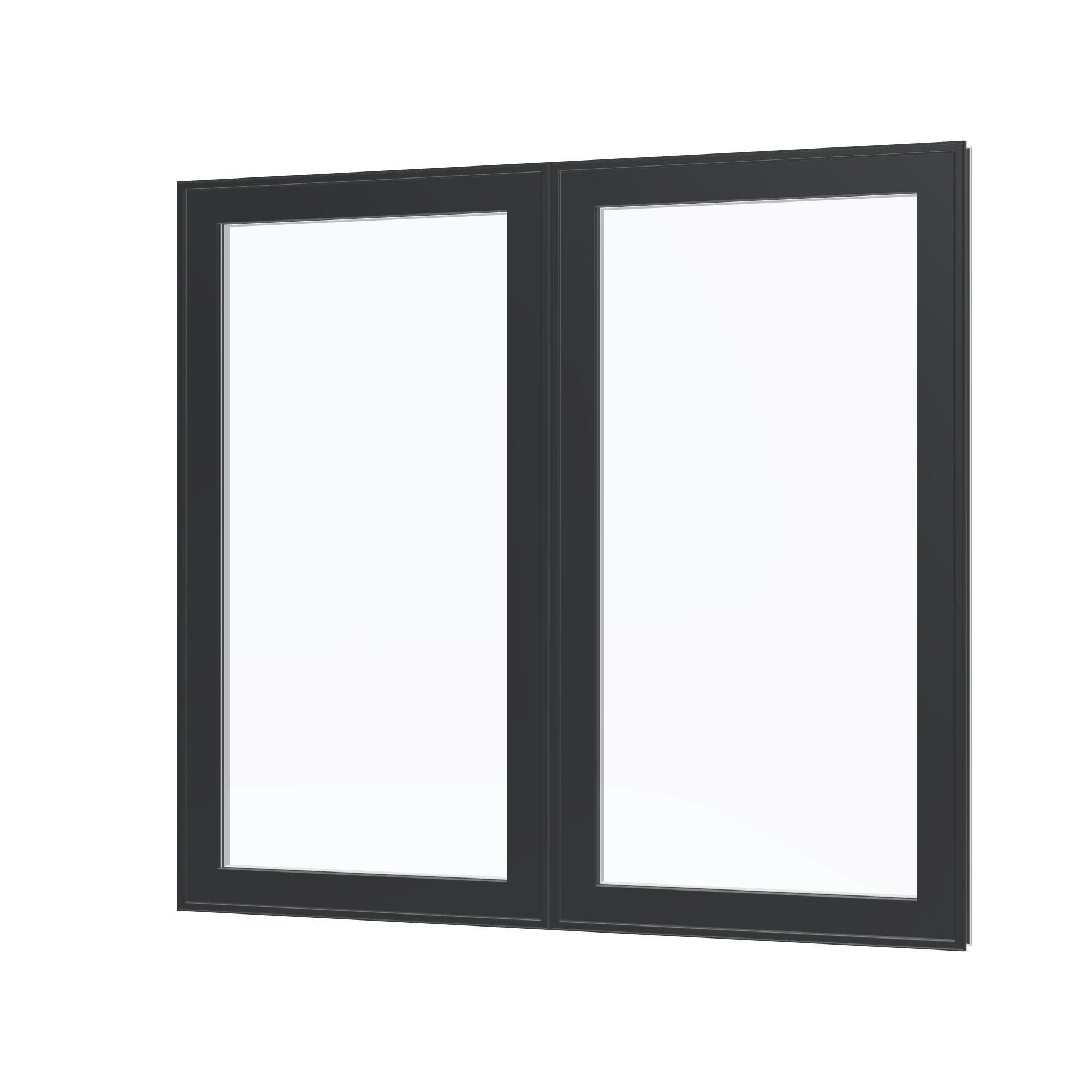 Angled exterior view of the 56 × 52 inch double casement combination, black exterior / white interior, without nailing flange