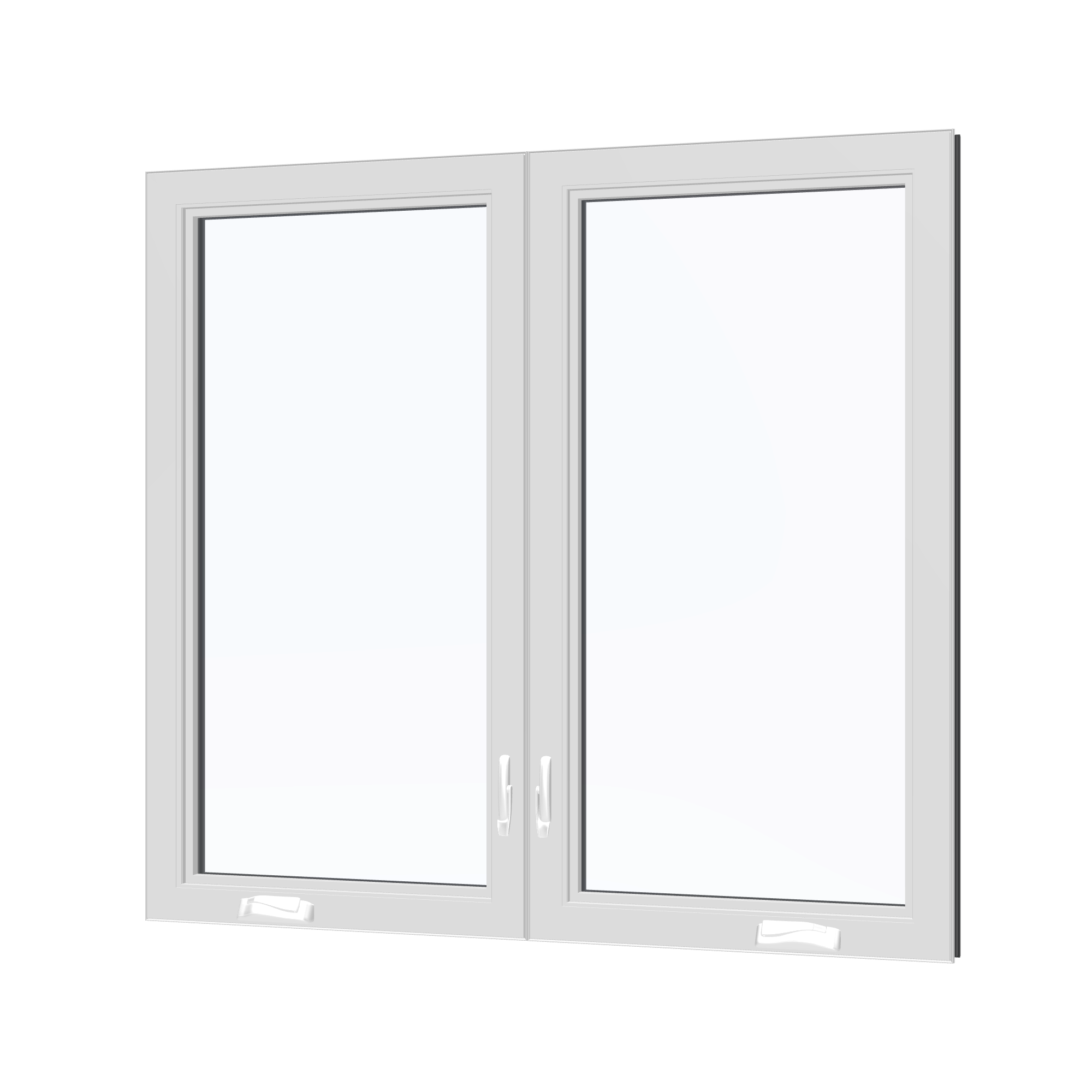 Angled interior view of the 56 × 52 inch double casement combination, black exterior / white interior, without nailing flange