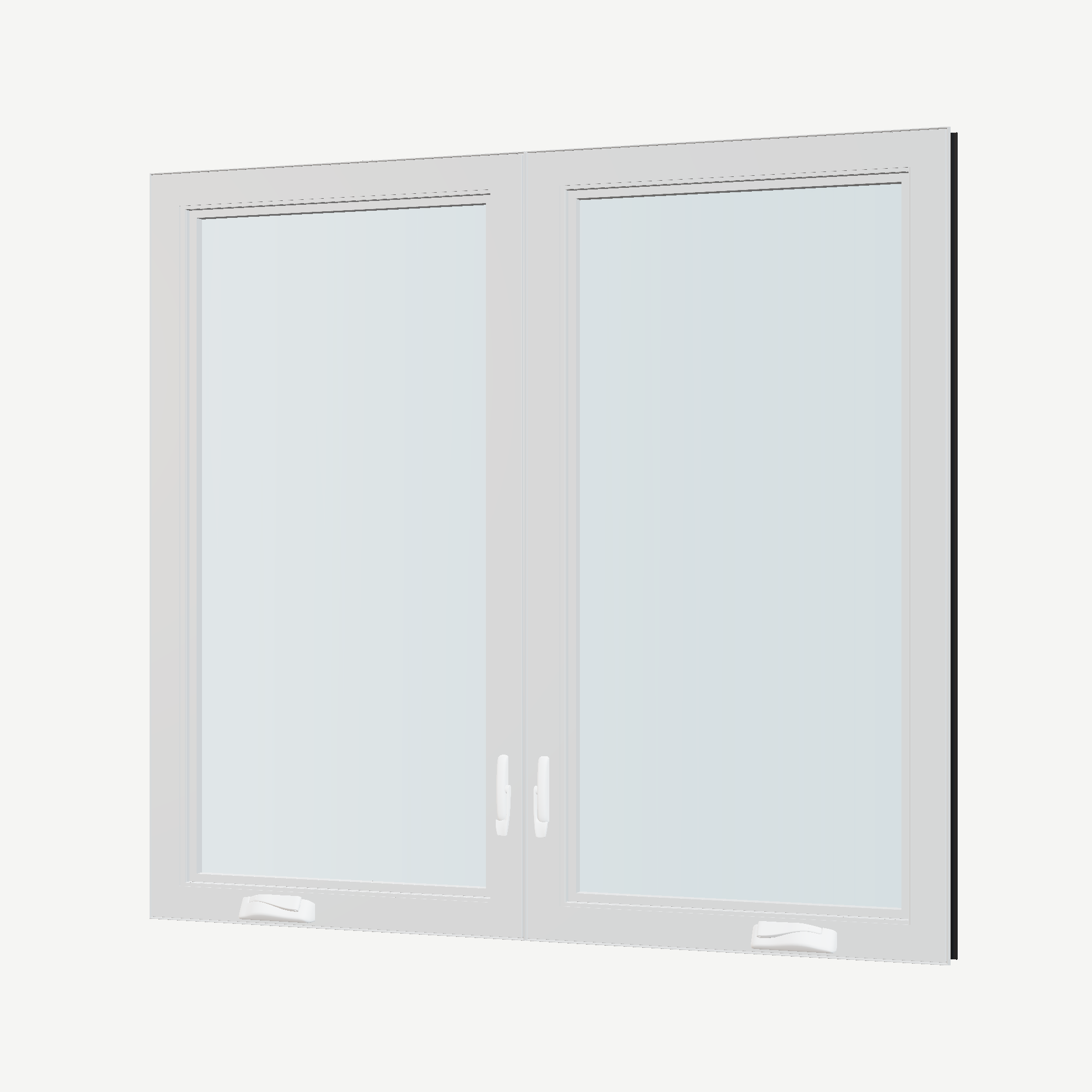 Angled interior view of the 56 × 52 inch double casement combination, black exterior / white interior, without nailing flange