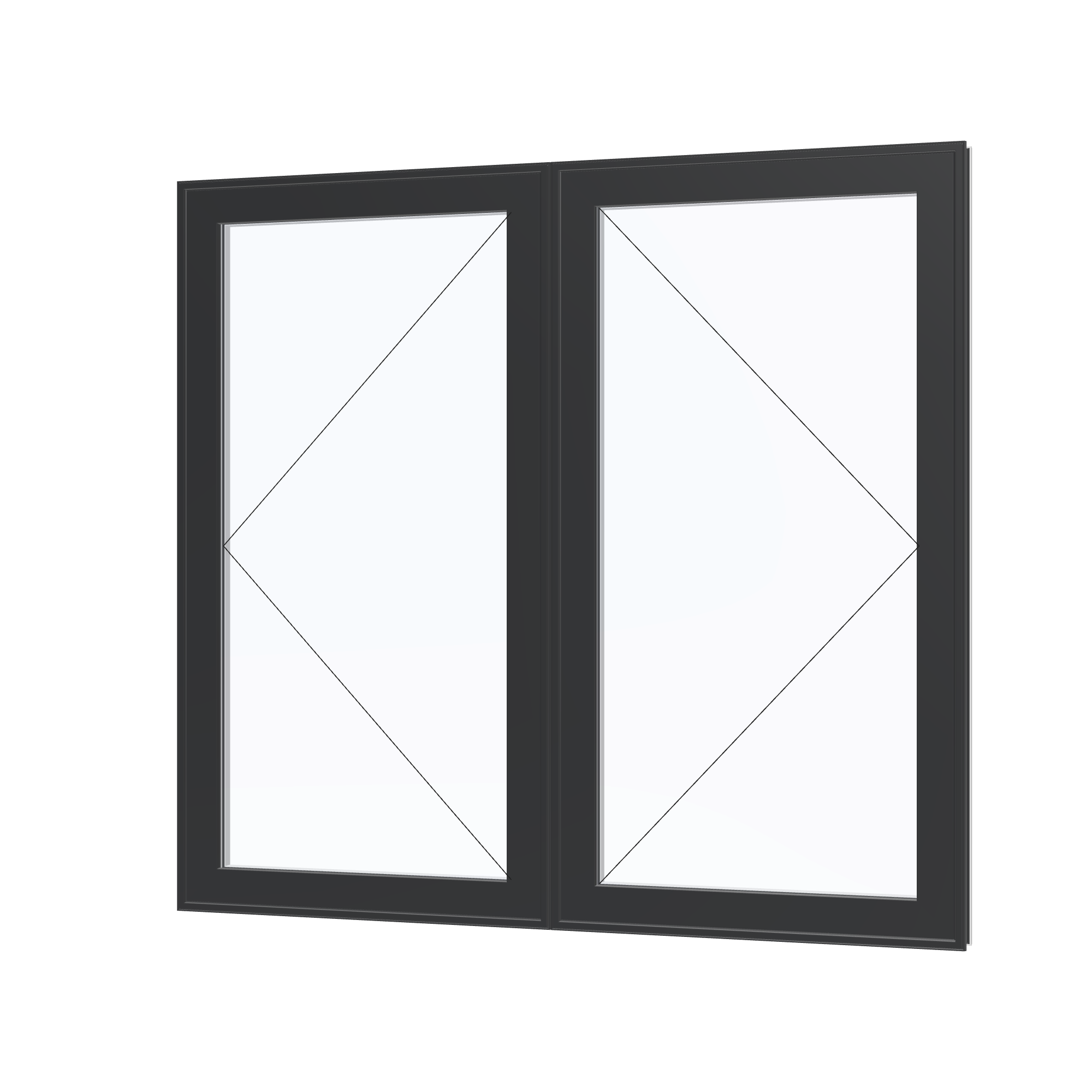 Angled exterior view with opening symbols of the 56 × 52 inch double casement combination, black exterior / white interior, without nailing flange