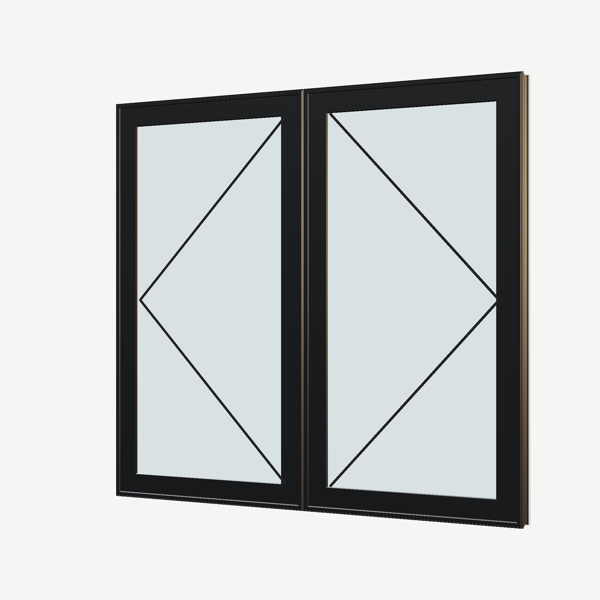 Angled exterior view with opening symbols of the 56 × 52 inch double casement combination, black exterior / white interior, without nailing flange